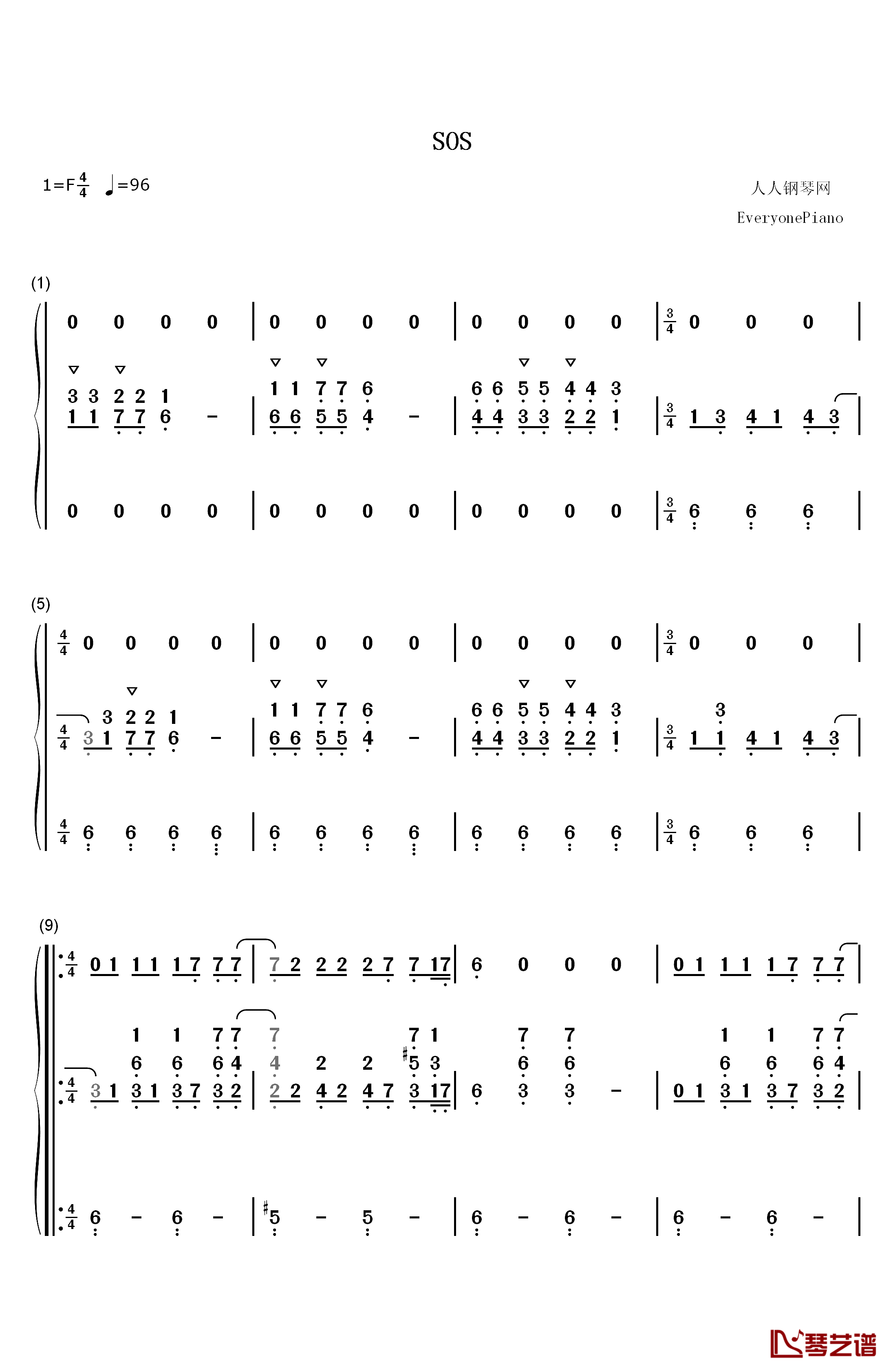 SOS钢琴简谱-数字双手-Cher1