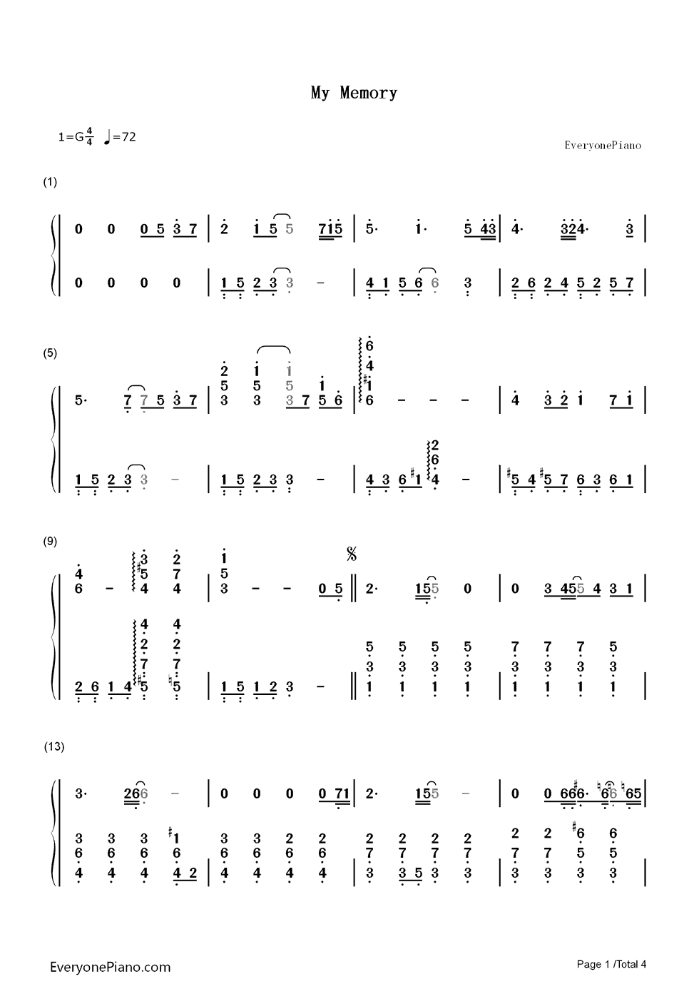 My Memory钢琴简谱-数字双手-Ryu1