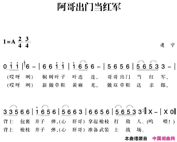 赣南闽西红色歌曲：阿哥出门当红军简谱1