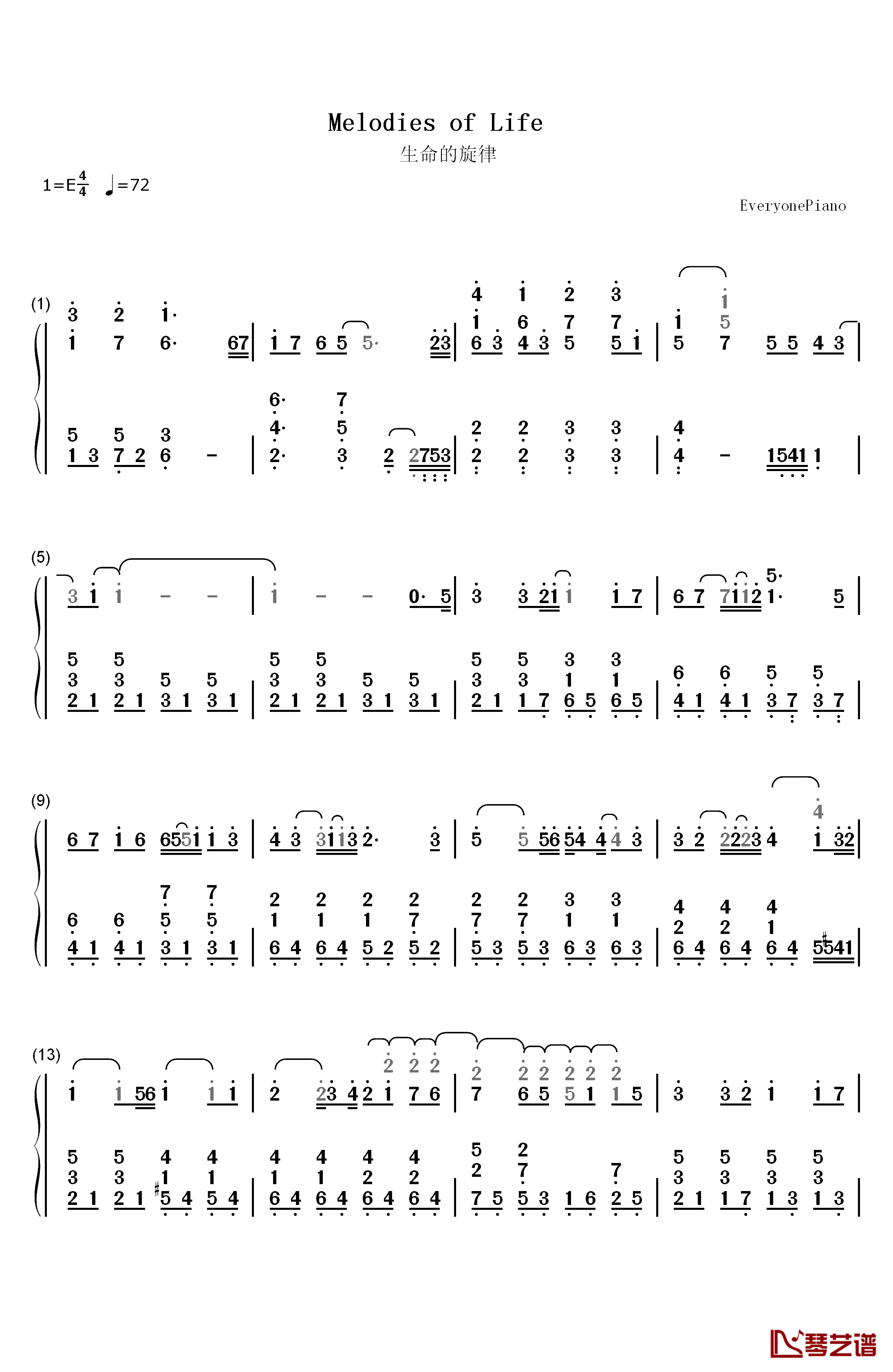 生命的旋律钢琴简谱-数字双手-白鸟英美子1