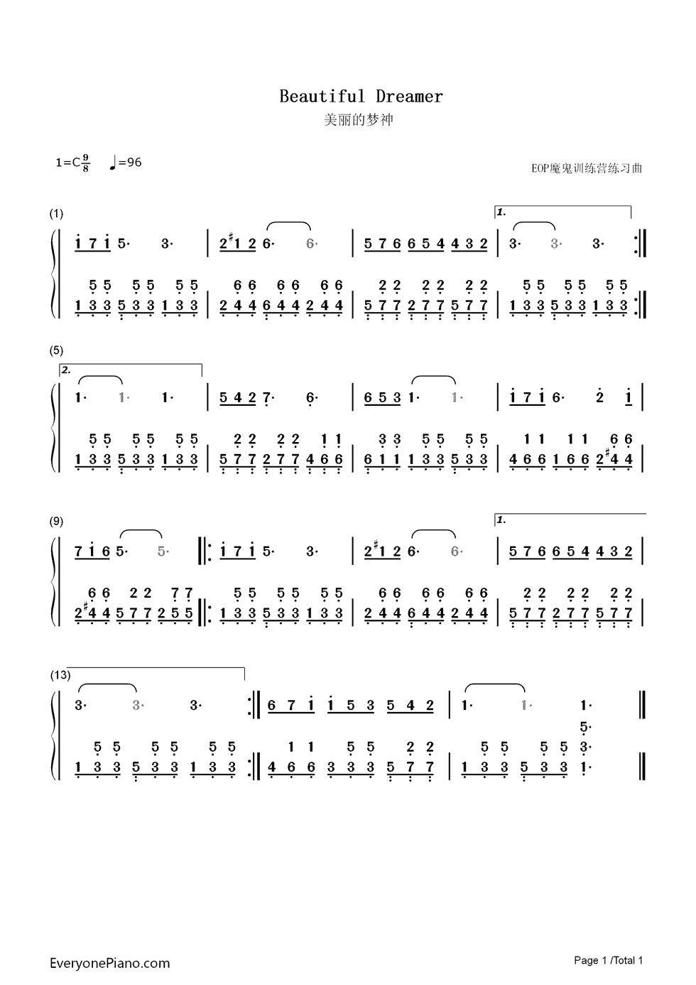 美丽的梦神钢琴简谱-数字双手-Stephen Foster1