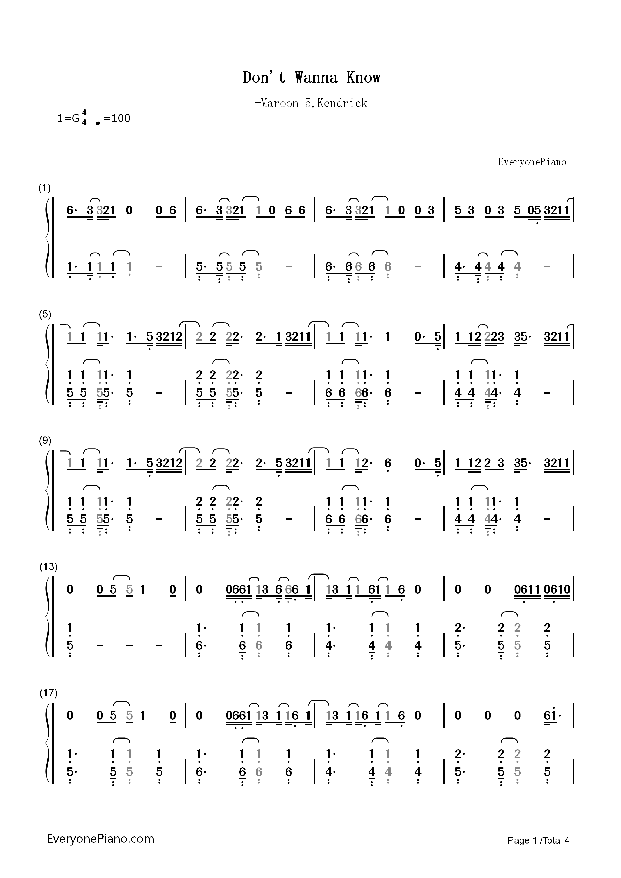 Don't Wanna Know钢琴简谱-Maroon 5 Kendrick Lamar演唱1