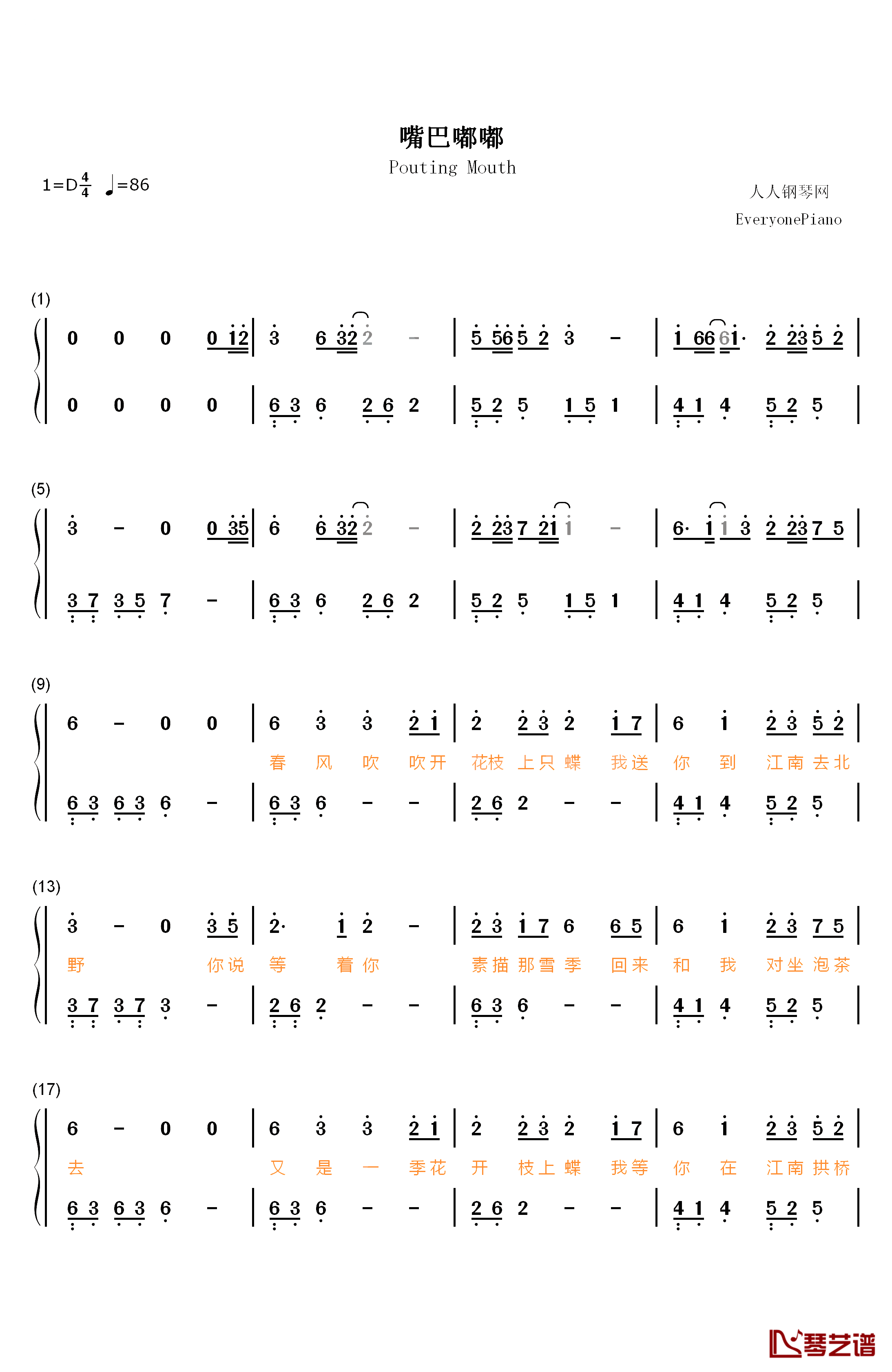 嘴巴嘟嘟钢琴简谱-数字双手-刘子璇1