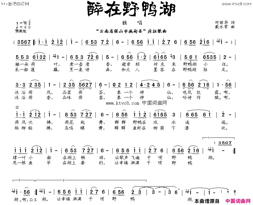 醉在野鸭湖简谱-真情玲儿演唱-何丽华/戴永常词曲1