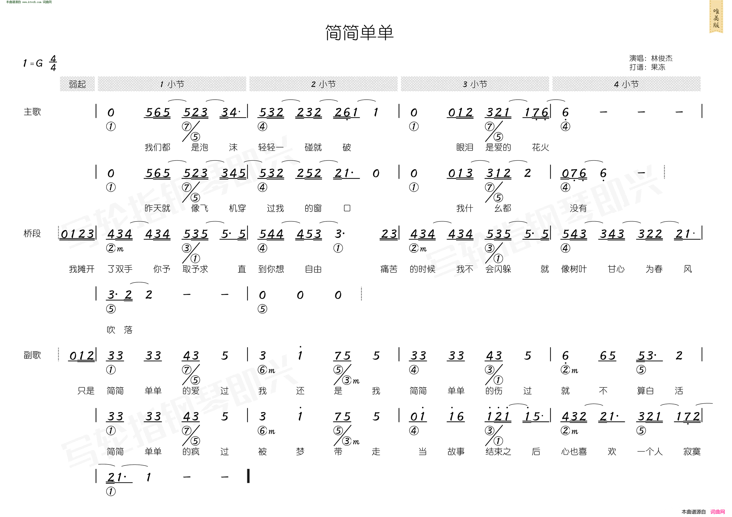 简简单单 简和谱简谱-林俊杰演唱-向月娥、张思尔/林俊杰词曲1