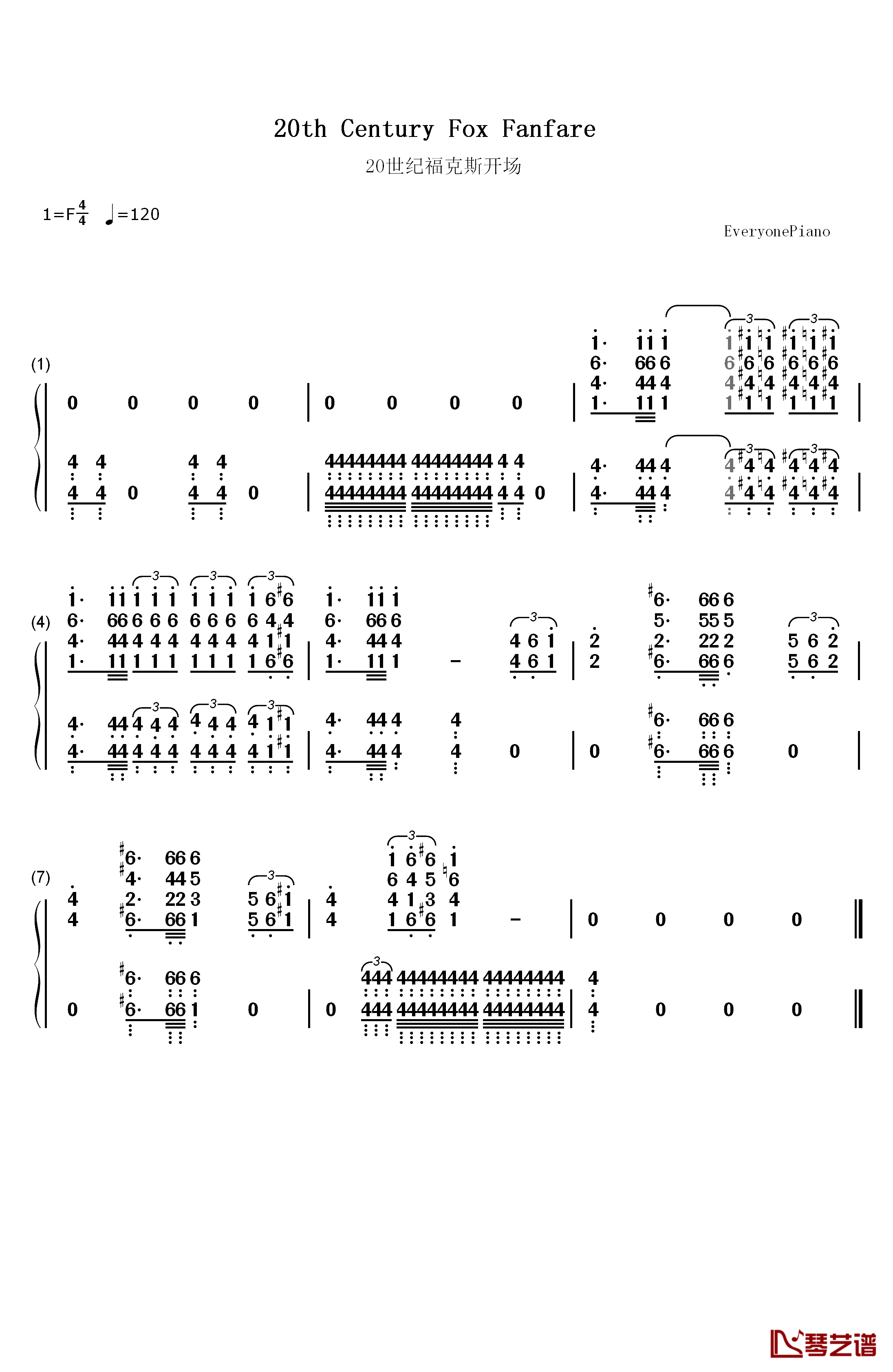 20世纪福克斯开场曲钢琴简谱-数字双手-20th Century Fox1