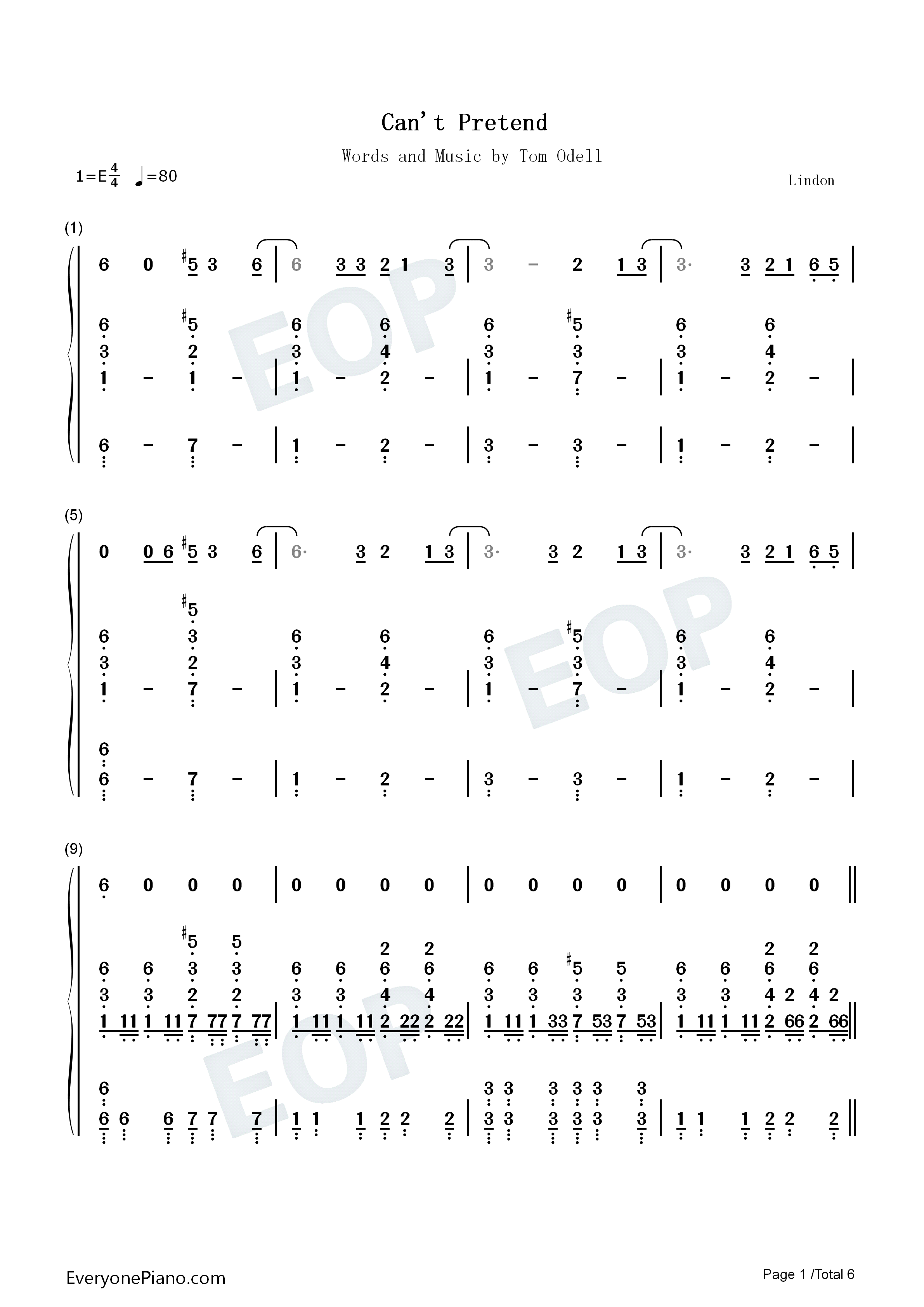 Can't Pretend钢琴简谱-Tom Odell演唱1