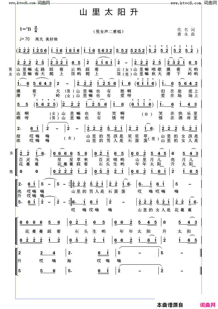 山里太阳升男女声二重唱简谱1