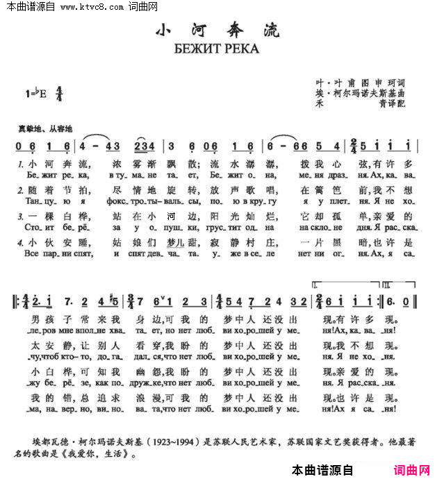 小河奔流 БЕЖИТ РЕКА 中俄简谱简谱-斯维特兰娜·塔加列戈娃演唱-叶·叶甫图申珂/埃·柯尔玛诺夫斯基词曲1