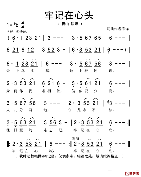 牢记在心头简谱(歌词)-青山演唱-秋叶起舞记谱1