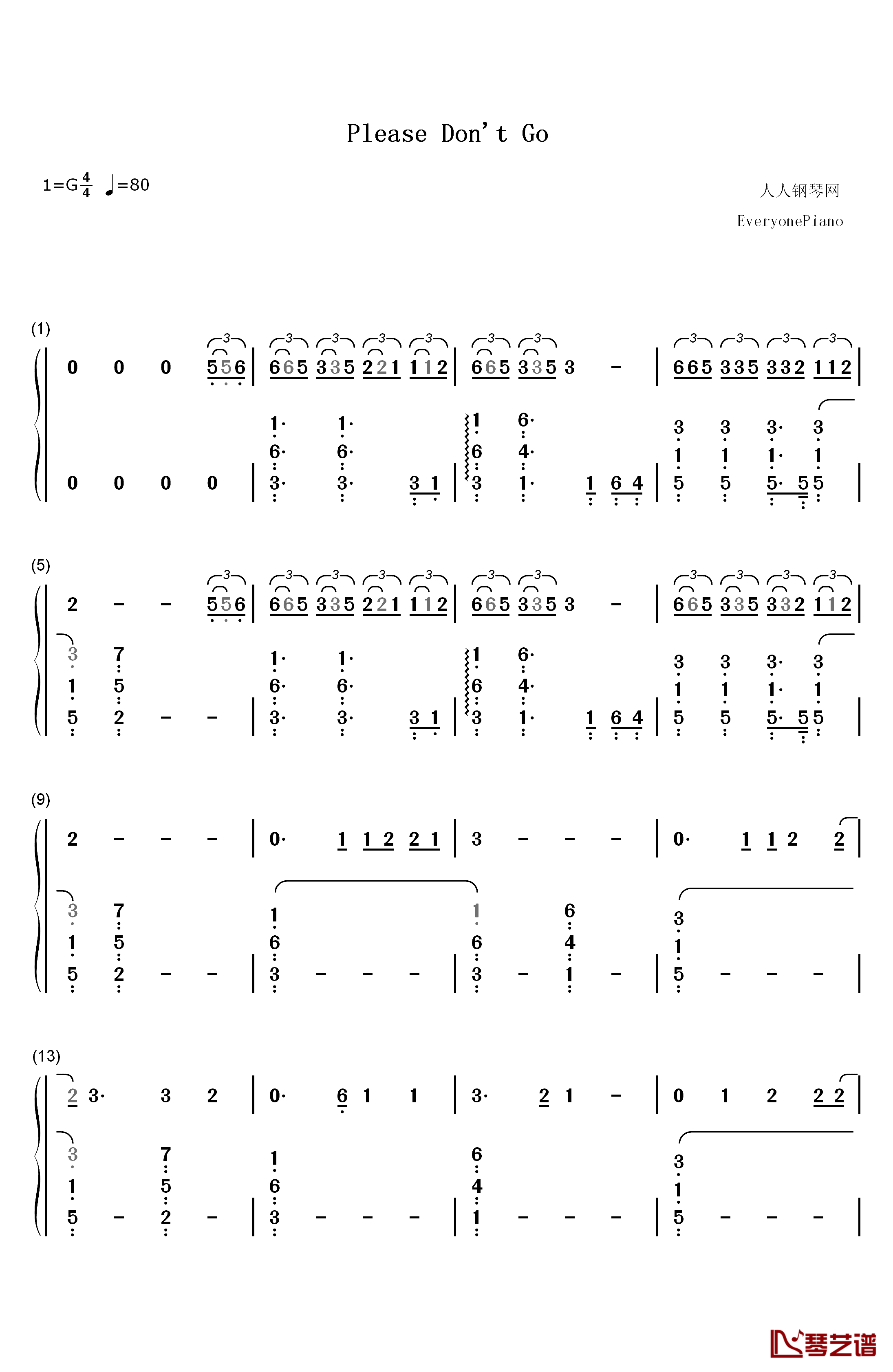 Please Don't Go钢琴简谱-数字双手-Joel Adams1