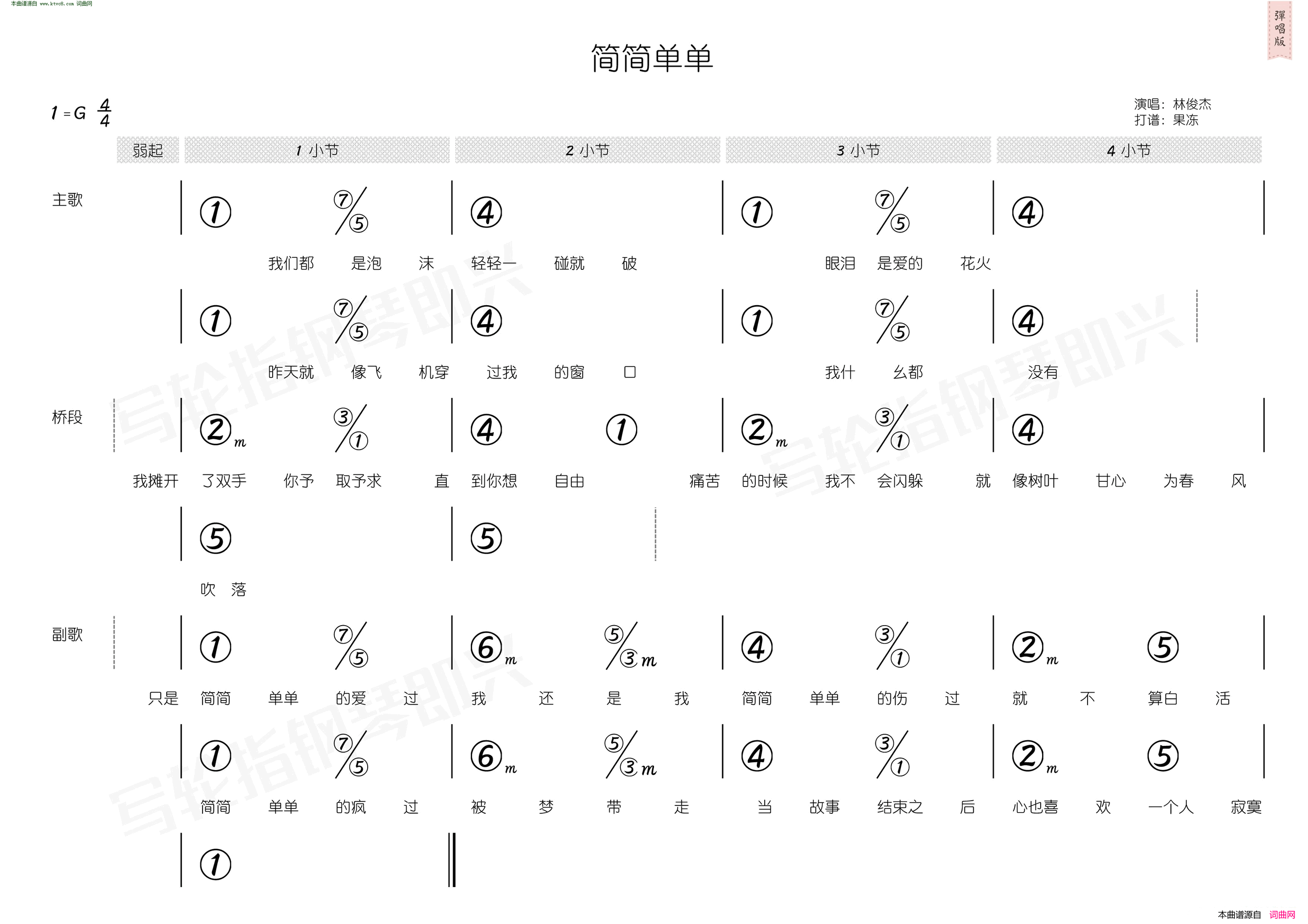 简简单单 简和谱简谱-林俊杰演唱-向月娥、张思尔/林俊杰词曲1