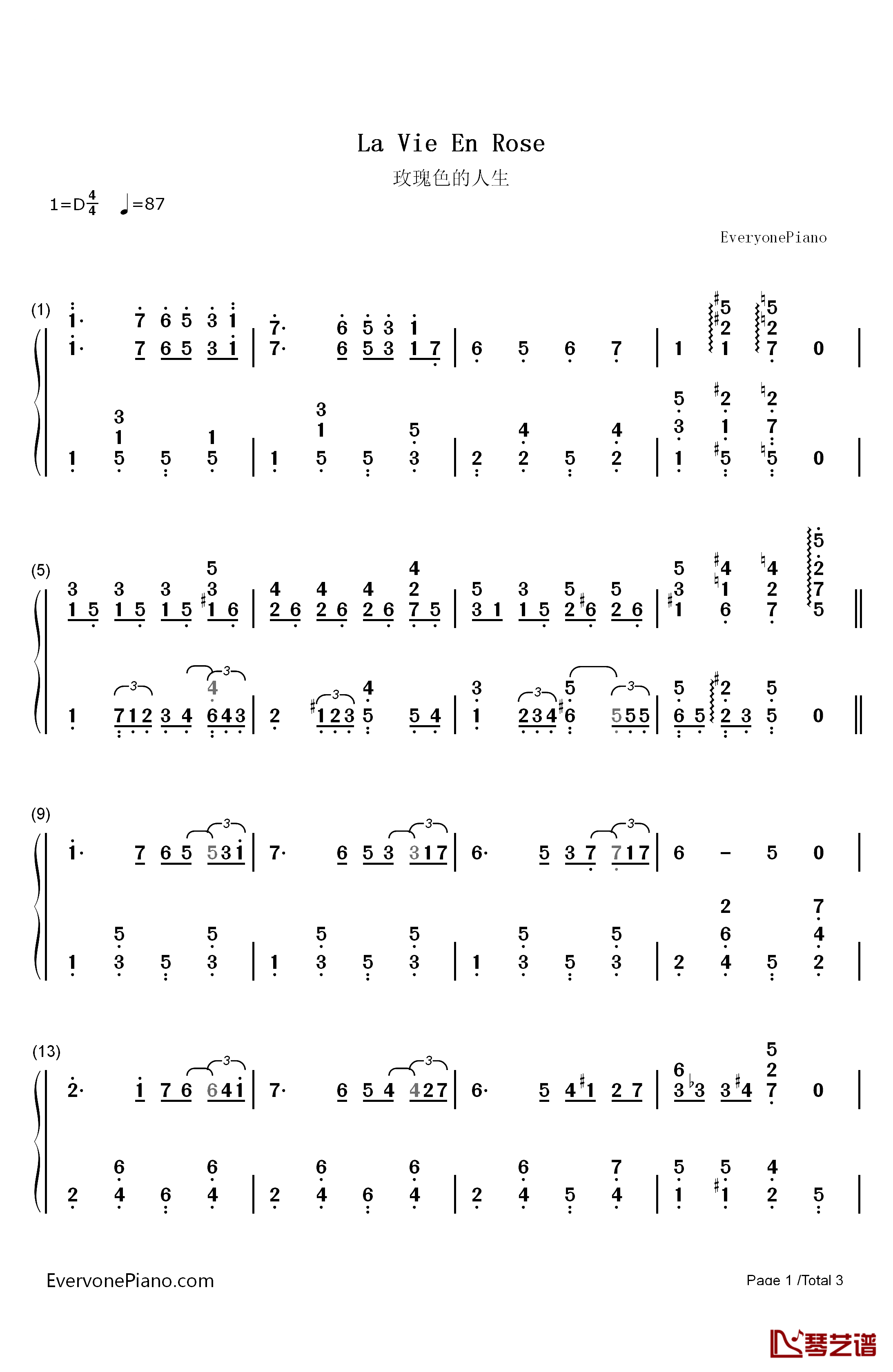 玫瑰色的人生钢琴简谱-数字双手-理查德·克莱德曼1