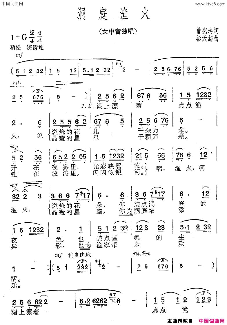 洞庭渔火简谱-张丽慧演唱-曾宪瑞/杨天解词曲1