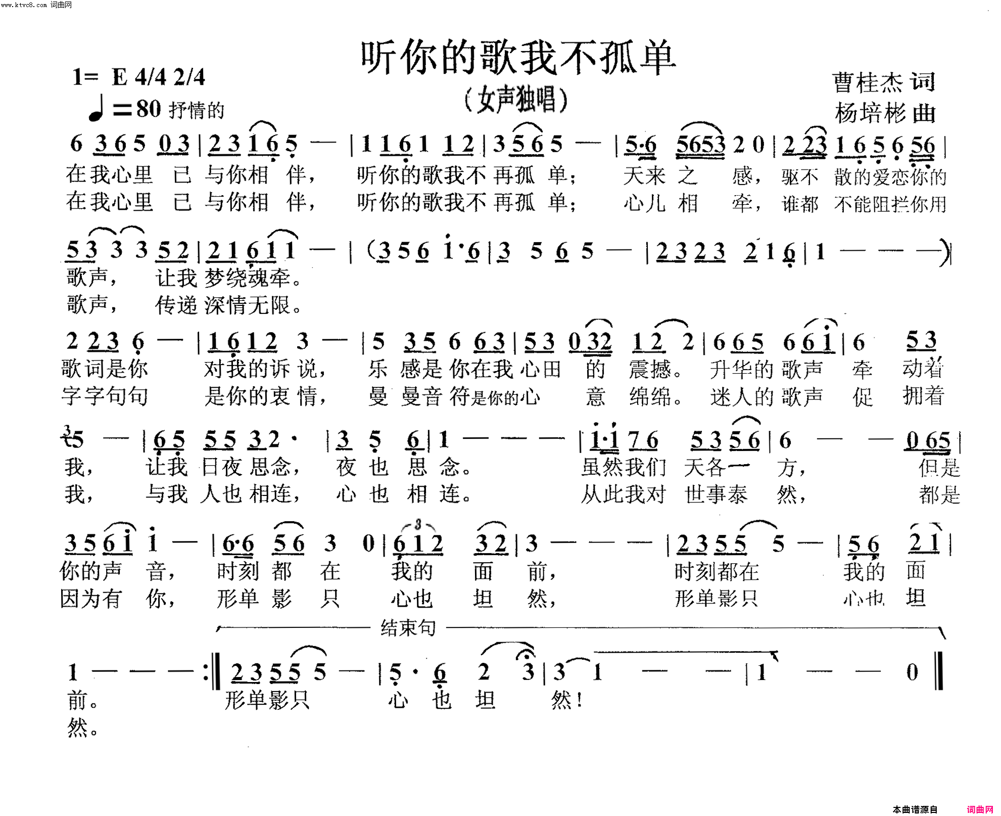 听你的歌我不孤单(女声独唱)简谱-杨培彬曲谱1