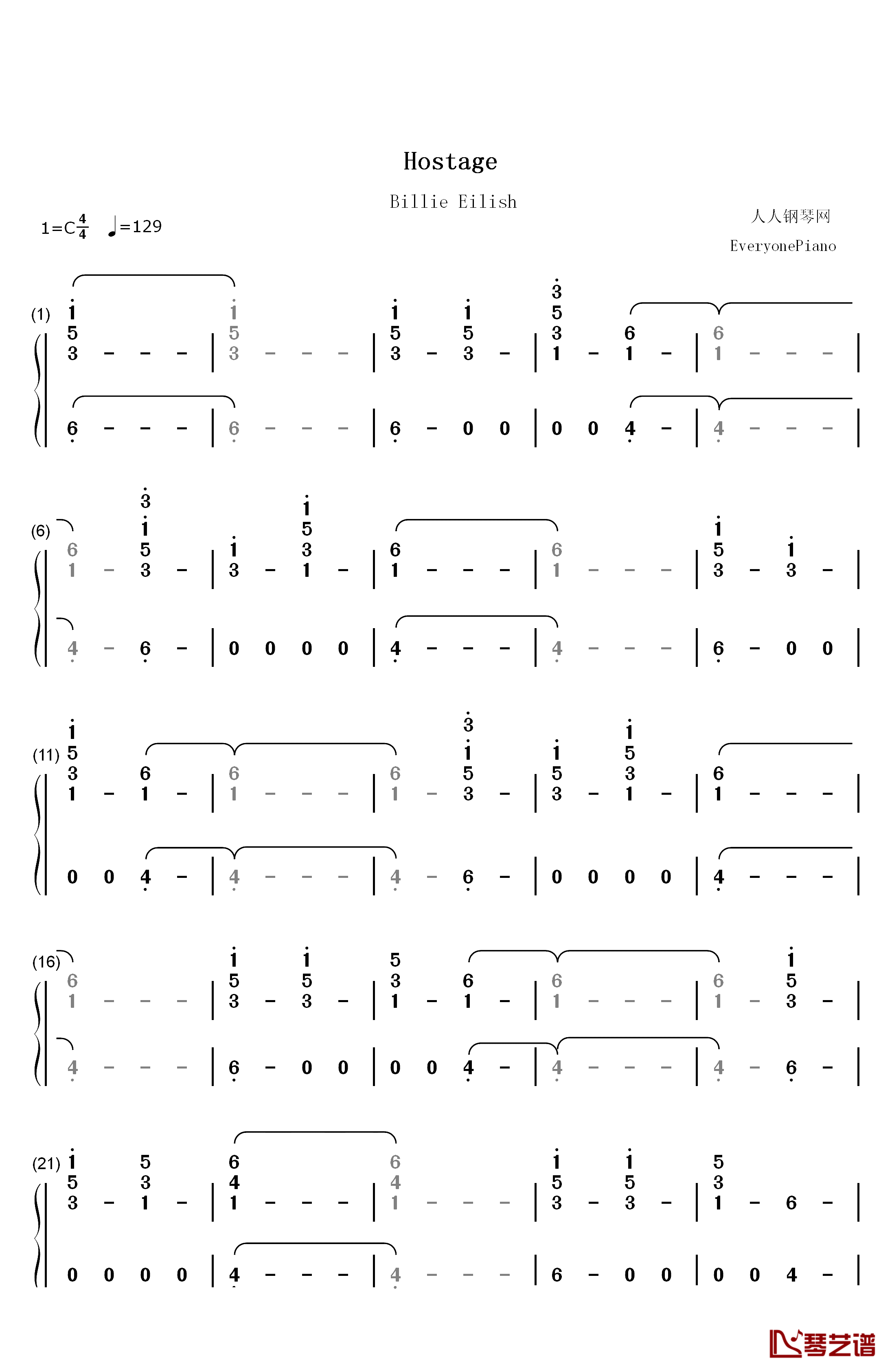 Hostage钢琴简谱-数字双手-Billie Eilish1