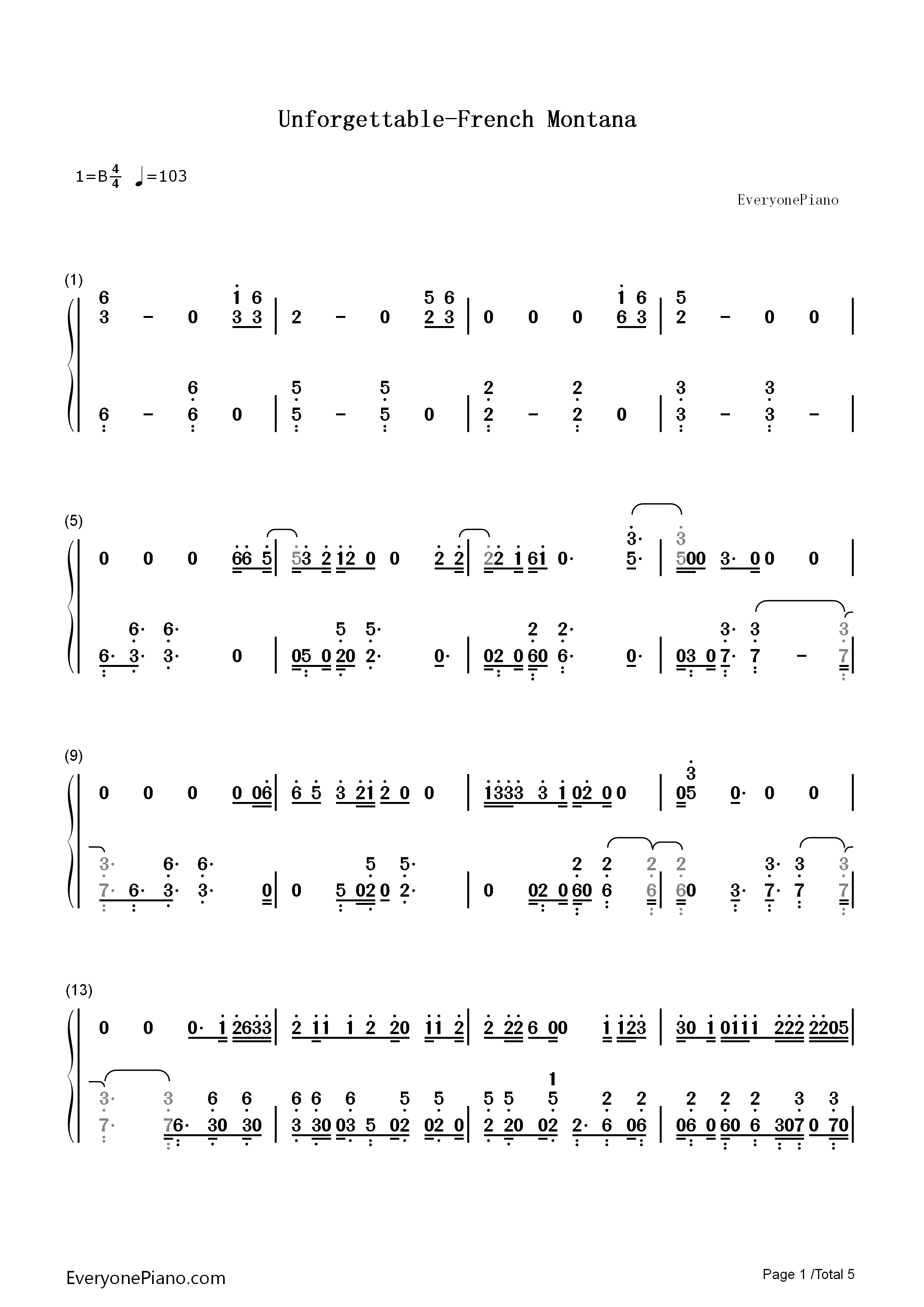 Unforgettable钢琴简谱-French Montana演唱1