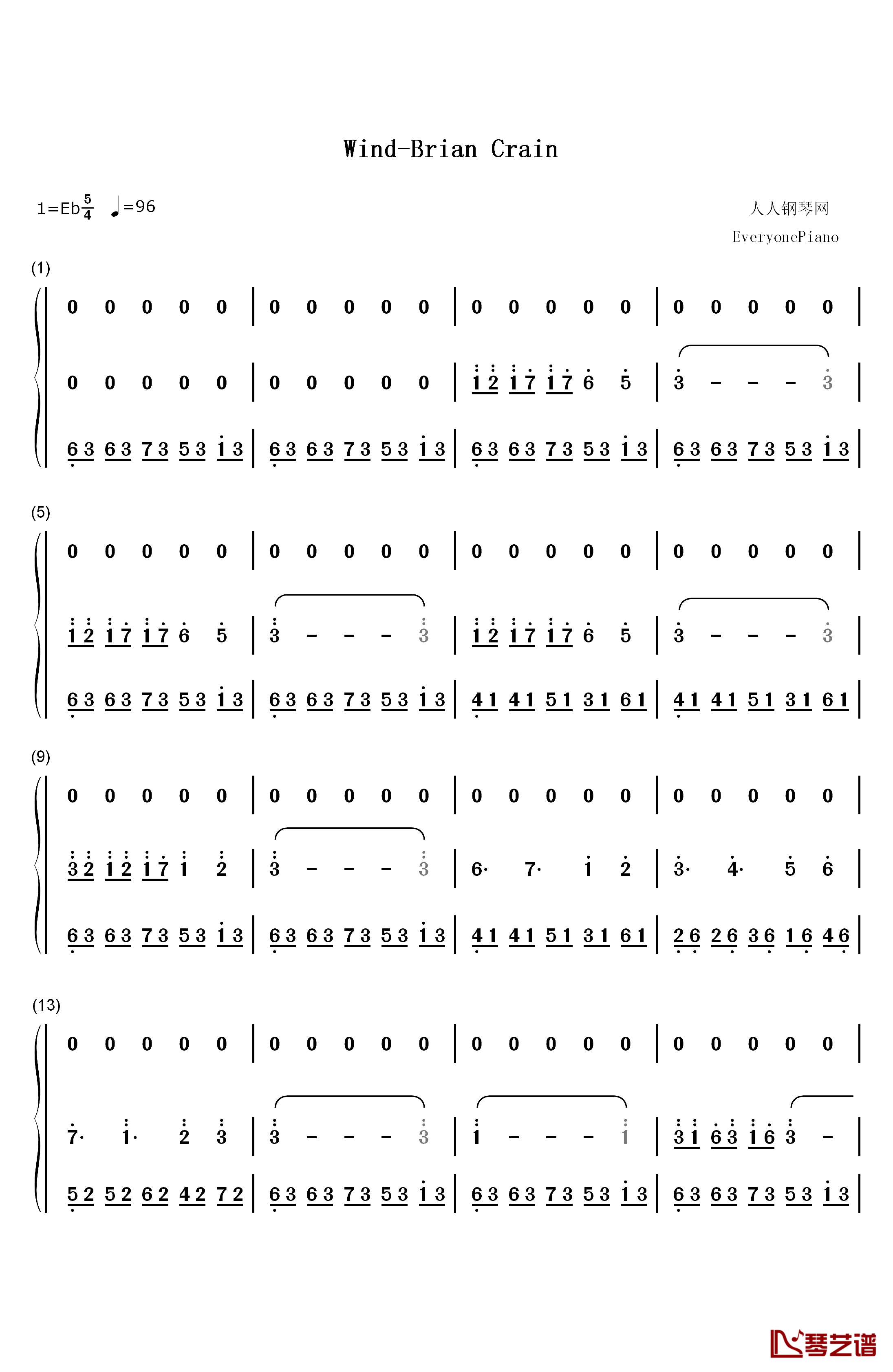 Wind钢琴简谱-数字双手-Brian Crain1