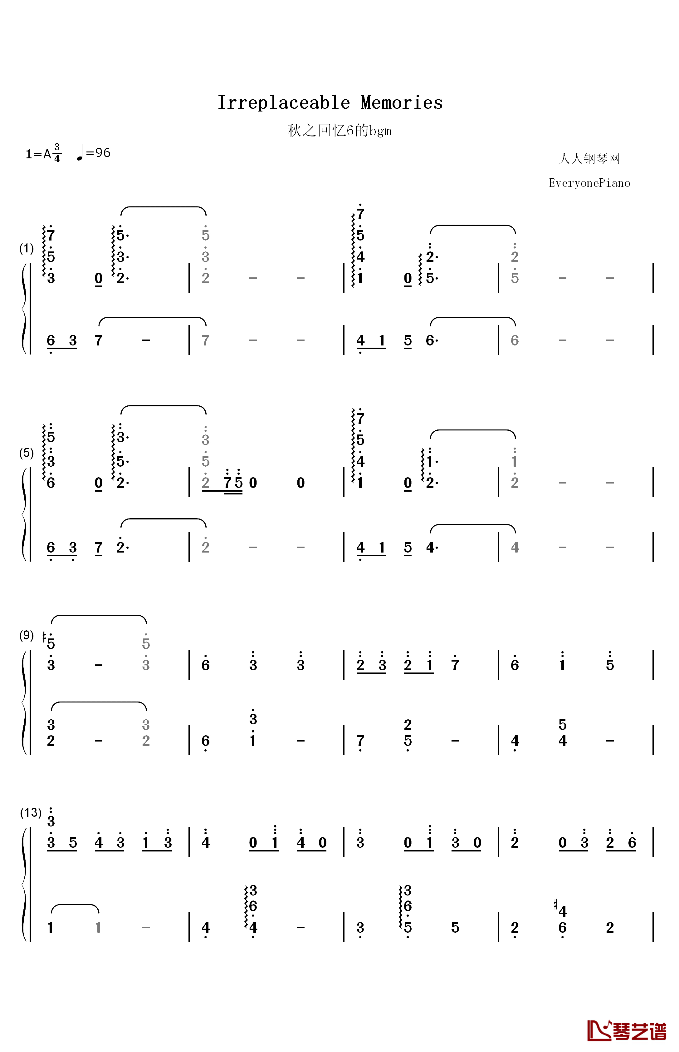 Irreplaceable memories钢琴简谱-数字双手-秋之回忆6～T-Wave～1