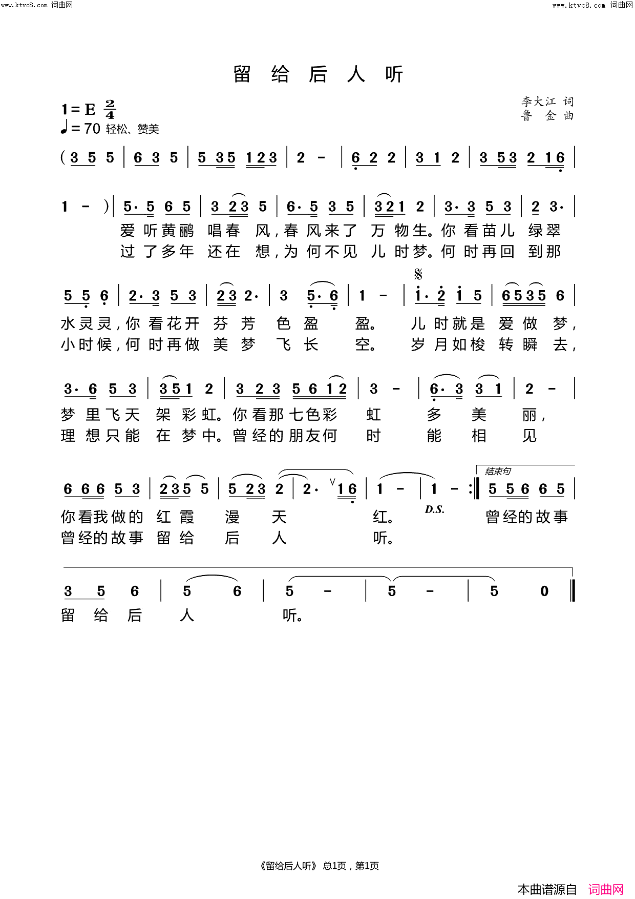 留给后人听(鲁金曲编、唱)简谱-鲁金演唱-李大江曲谱1