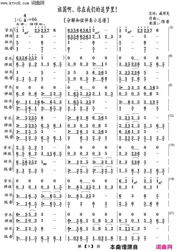 祖国啊，你在我们的追梦里总纲〖132〗简谱-陈普演唱-臧辉先、陈普/陈普词曲1