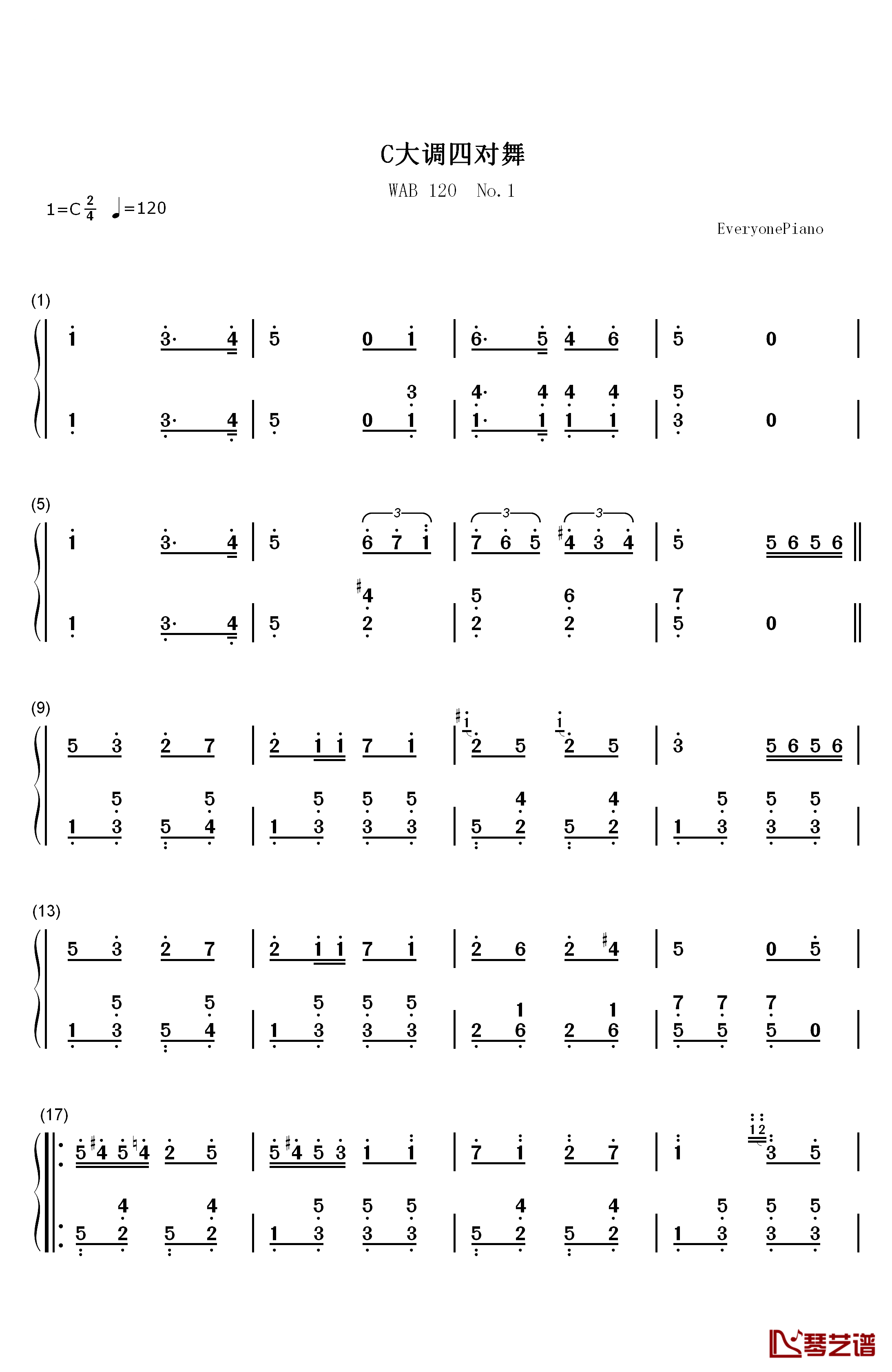 C大调四对舞钢琴简谱-数字双手-布鲁克纳1