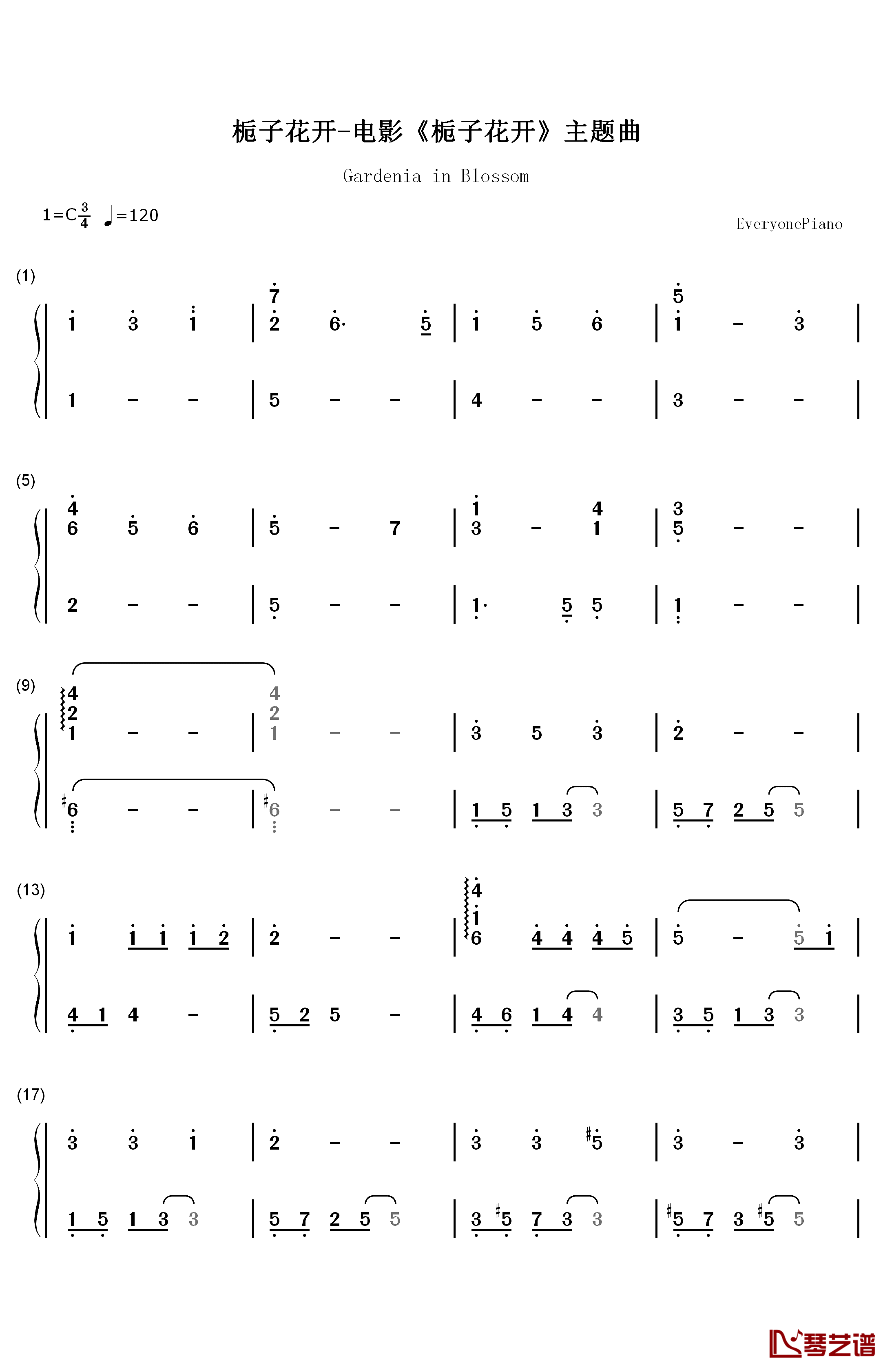 栀子花开钢琴简谱-数字双手-何炅  Angela1