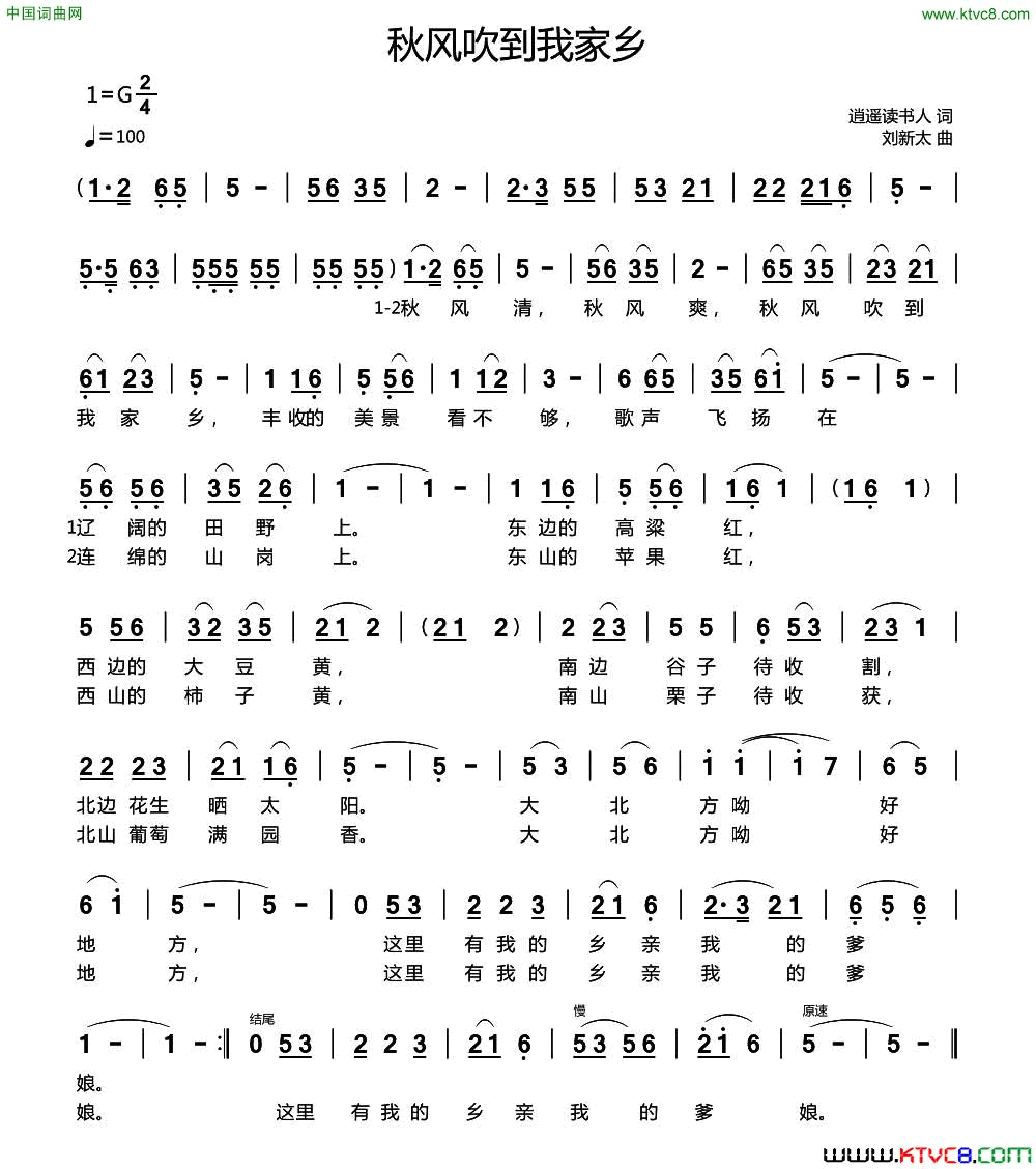 秋风吹到我家乡逍遥读书人词刘新太曲秋风吹到我家乡逍遥读书人词 刘新太曲简谱1