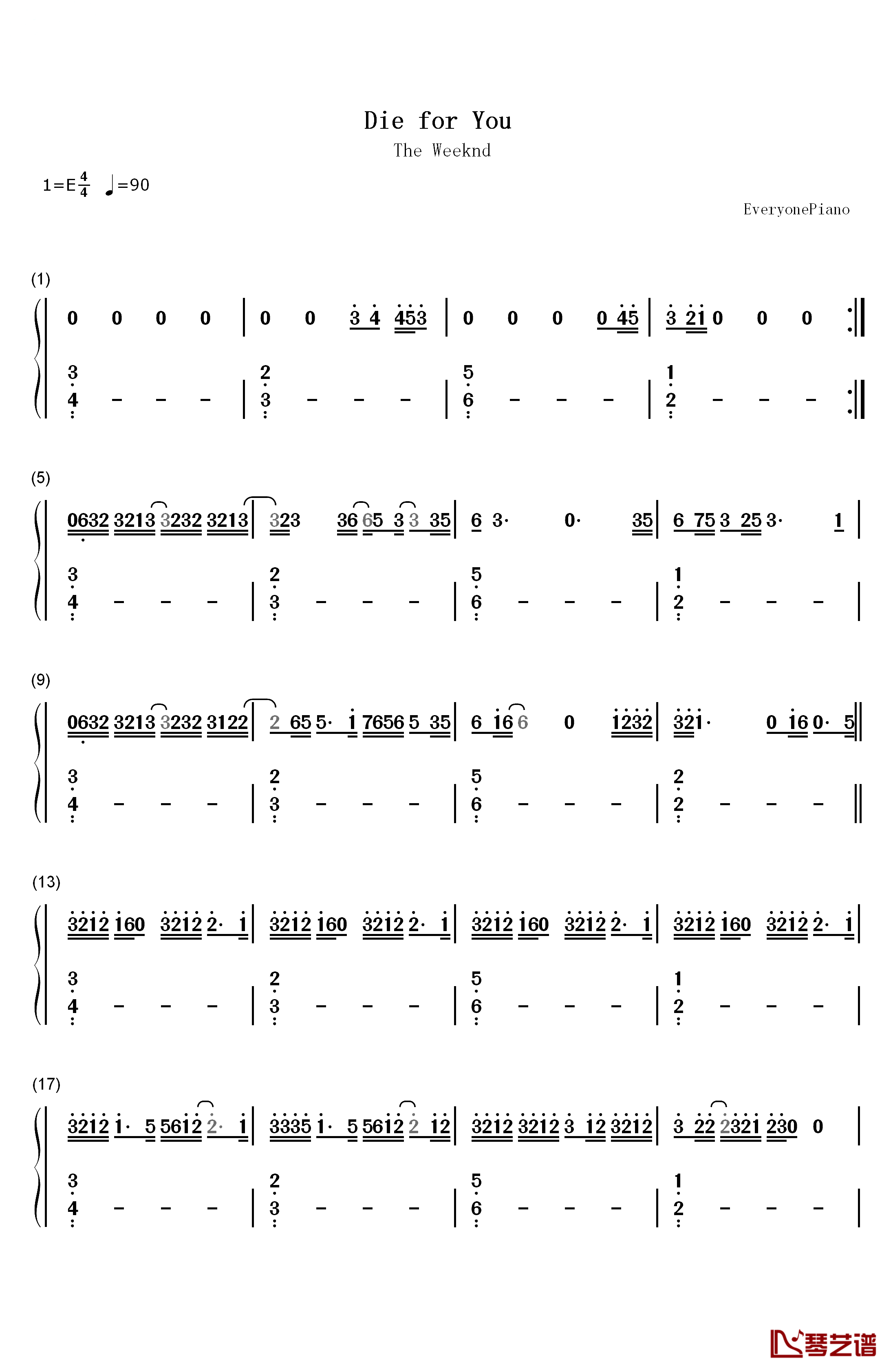 Die for You钢琴简谱-数字双手-The Weeknd1