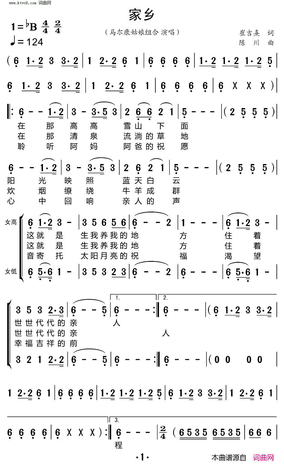 家乡简谱-马尔康姑娘组合演唱-崔吉熹/陈川词曲1