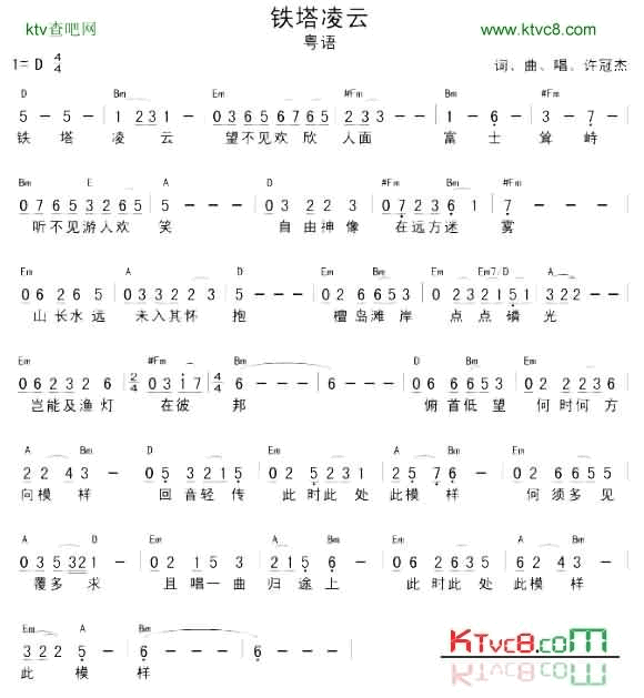 铁塔凌云粤语简谱-许冠杰演唱1