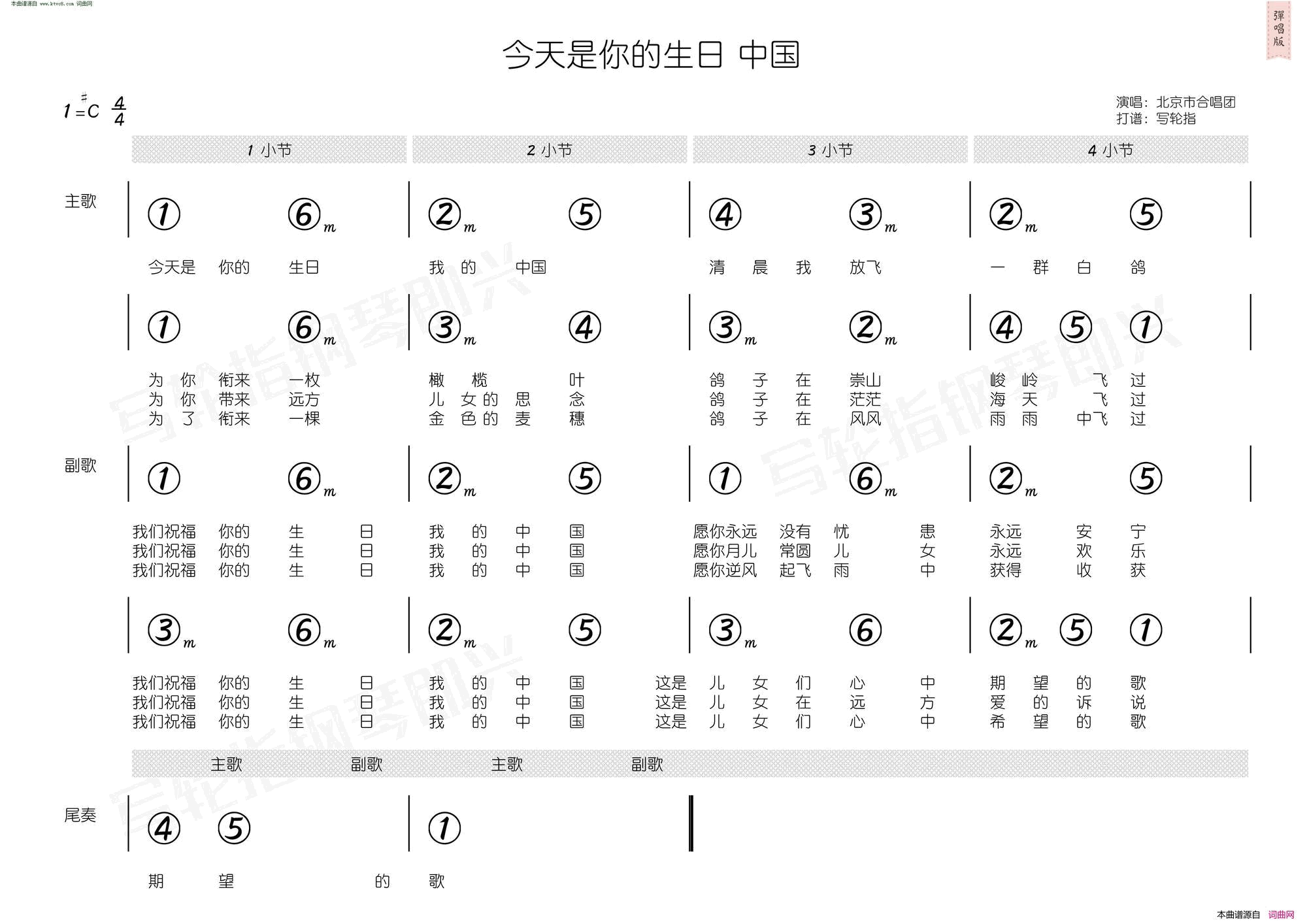 今天是你的生日 简和谱简谱-北京市合唱团演唱-韩静霆/谷建芬词曲1