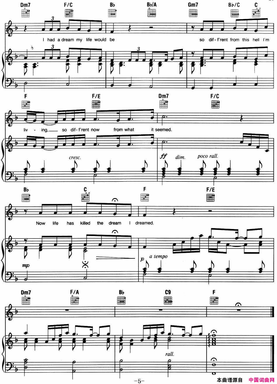IDreamedaDream 音乐剧《悲惨世界》Les Miserables选曲、正谱简谱1