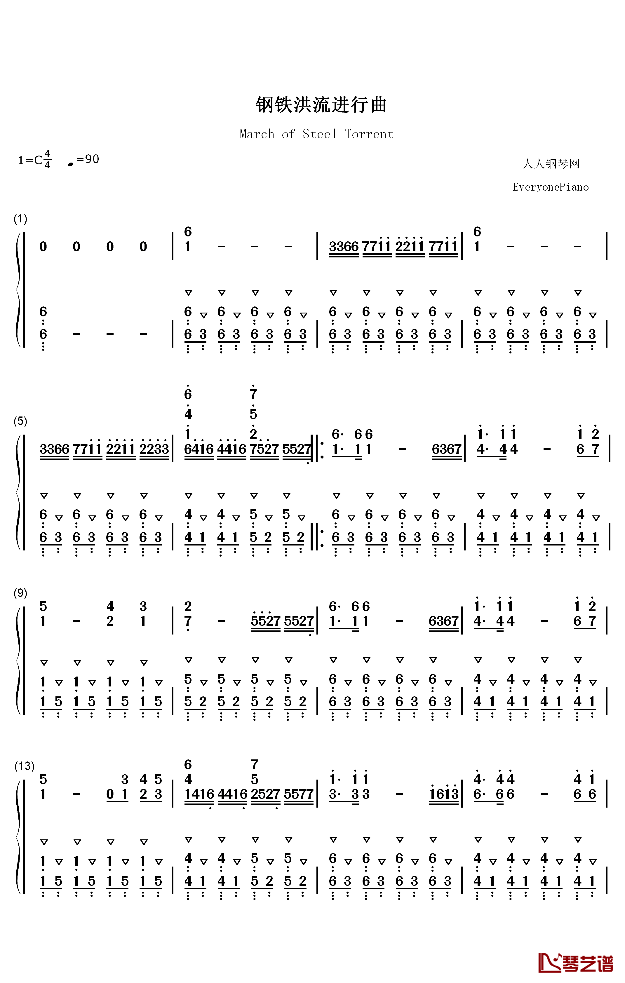 钢铁洪流进行曲钢琴简谱-数字双手-联合军乐团创作室1