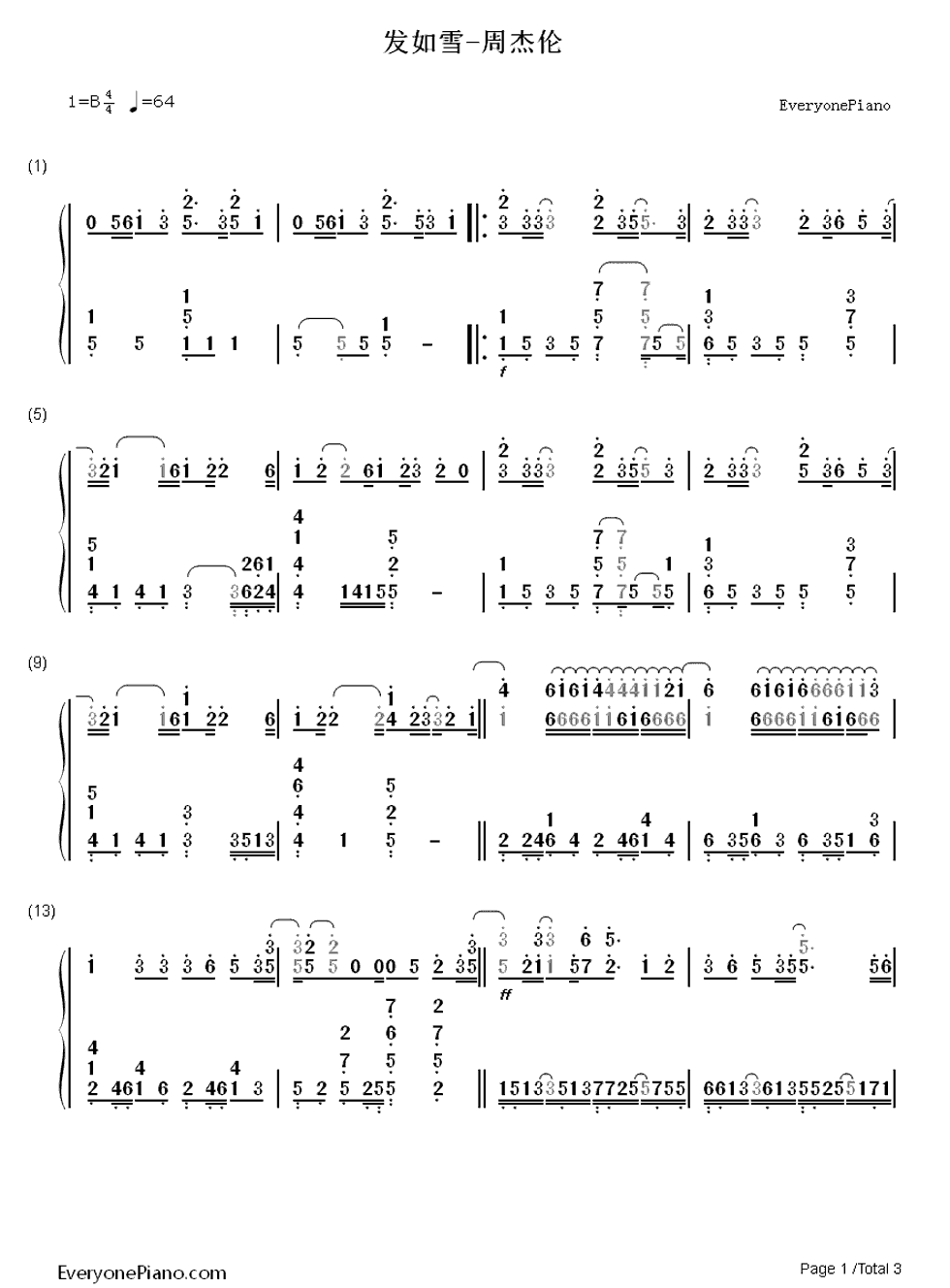 发如雪钢琴简谱-周杰伦演唱1