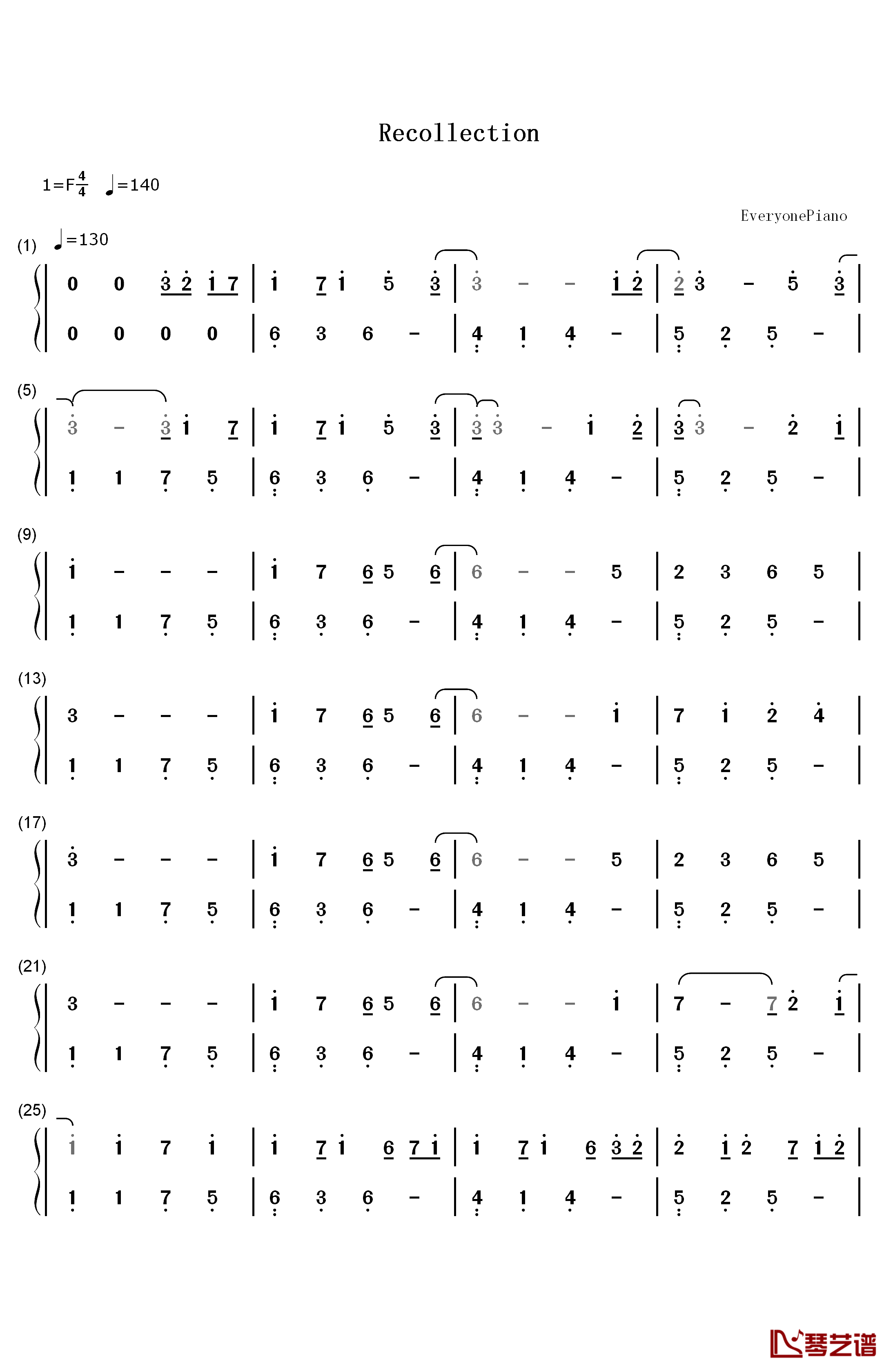 Recollection钢琴简谱-数字双手-October1