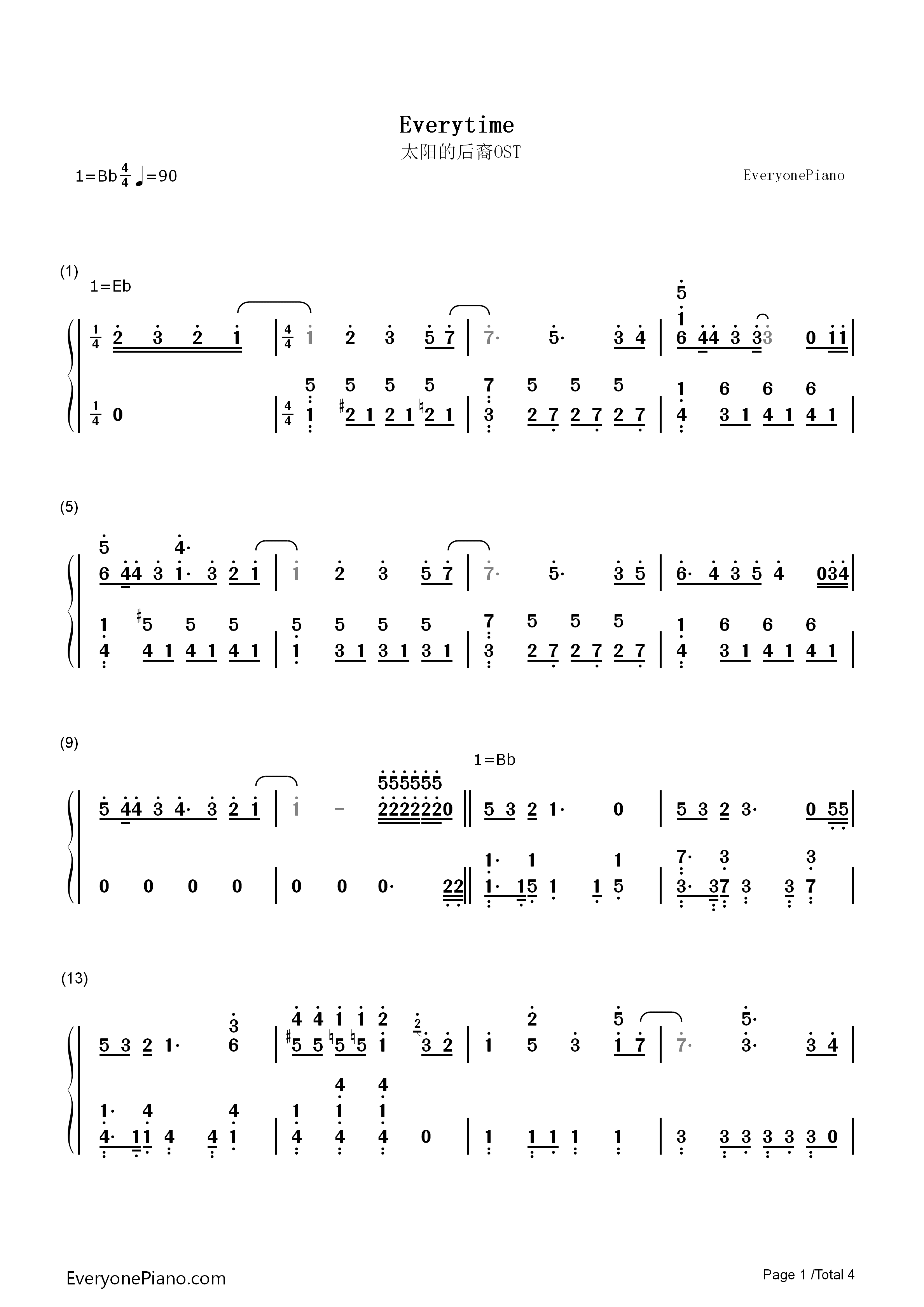 Everytime钢琴简谱-Chen  Punch演唱1