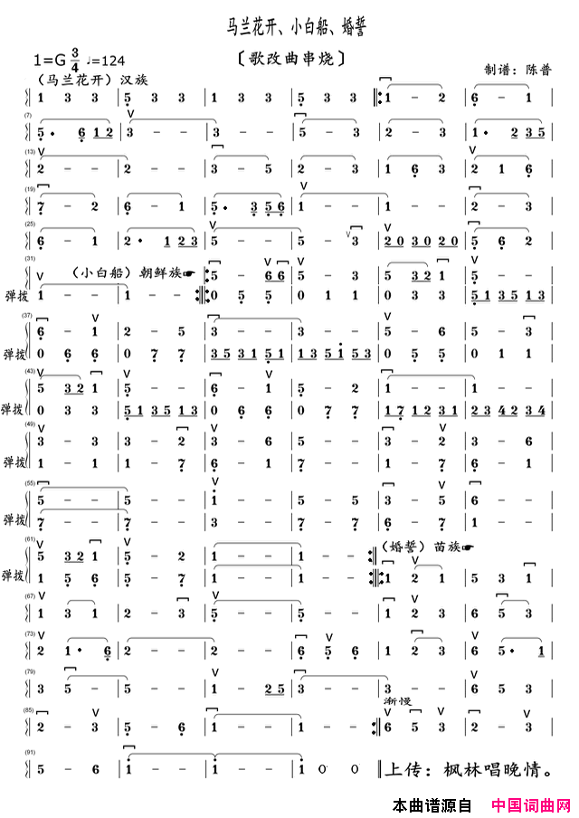 马兰花开、小白船、婚誓。歌改曲串烧简谱1
