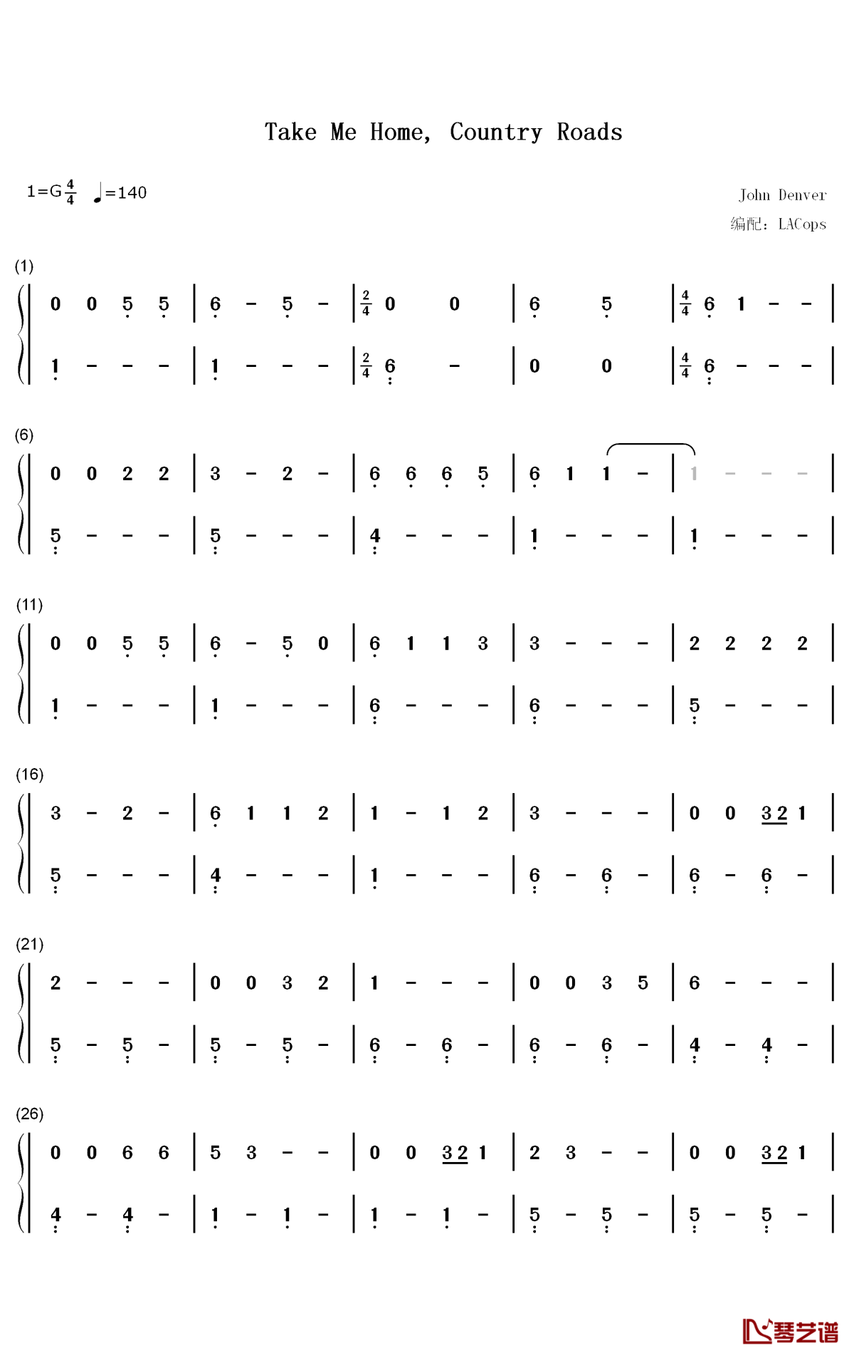 Take Me Home Country Roads钢琴简谱-John Denver歌曲-数字双手曲谱1