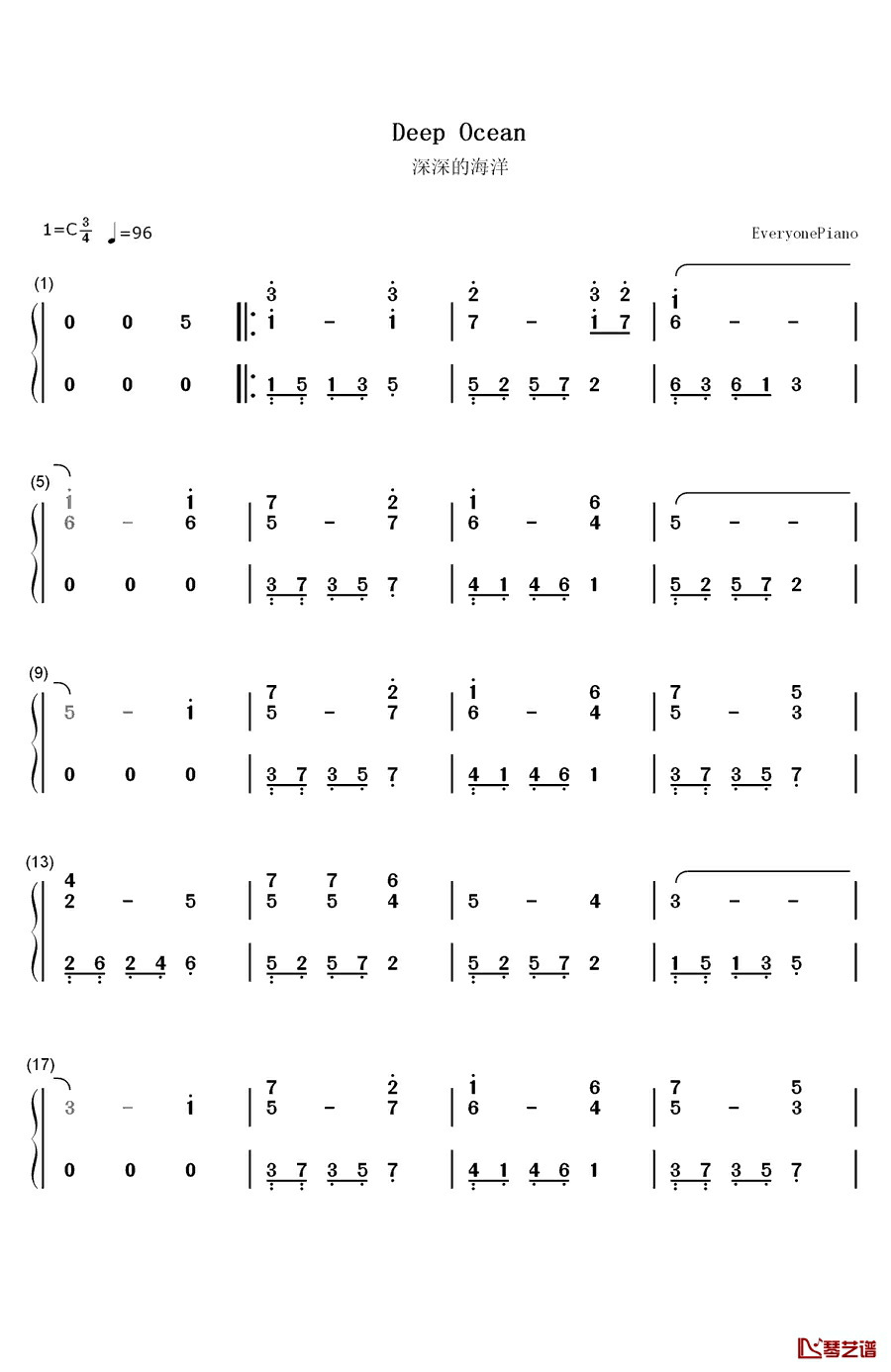 深深的海洋钢琴简谱-数字双手-李宝树1