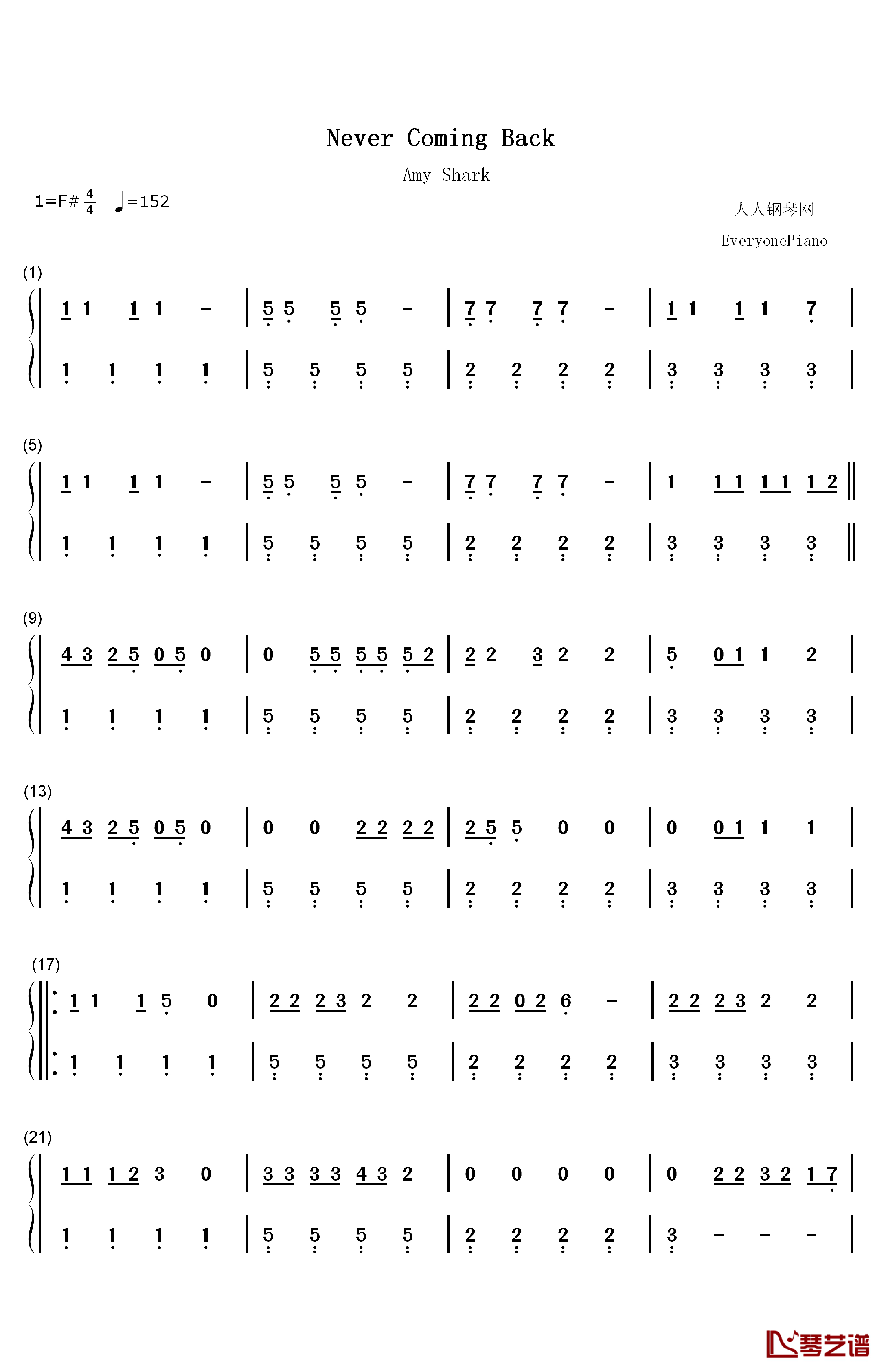 Never Coming Back钢琴简谱-数字双手-Amy Shark1