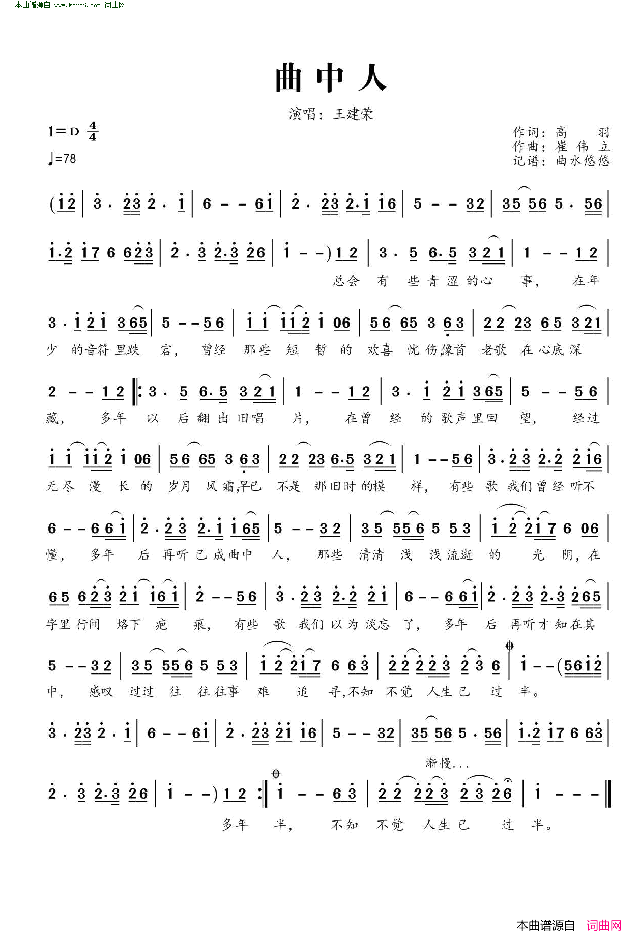 曲中人简谱-王建荣演唱-高羽/崔伟立词曲1