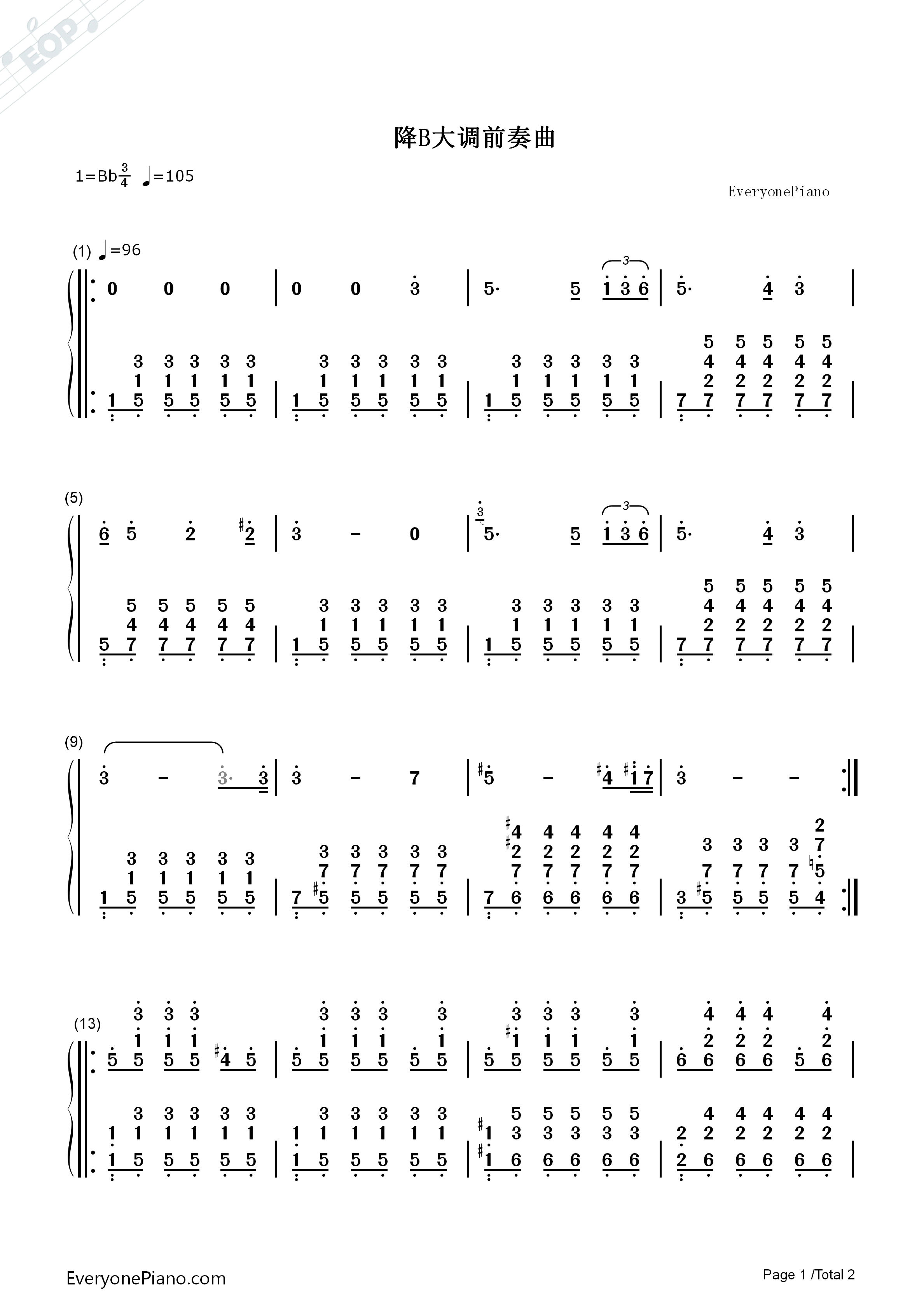 降B大调前奏曲钢琴简谱-未知演唱1