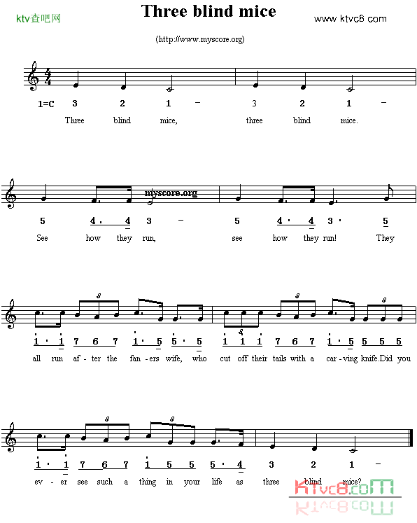 Threeblindmice线简谱混排版、英文儿歌简谱1