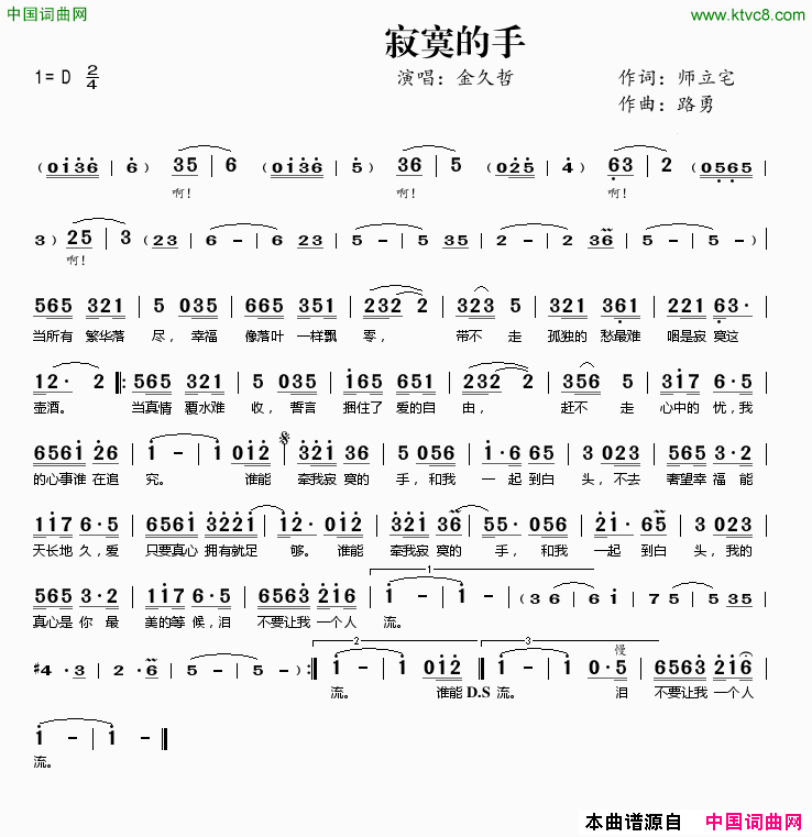 寂寞的手简谱-金久哲演唱-师立宅/路勇词曲1