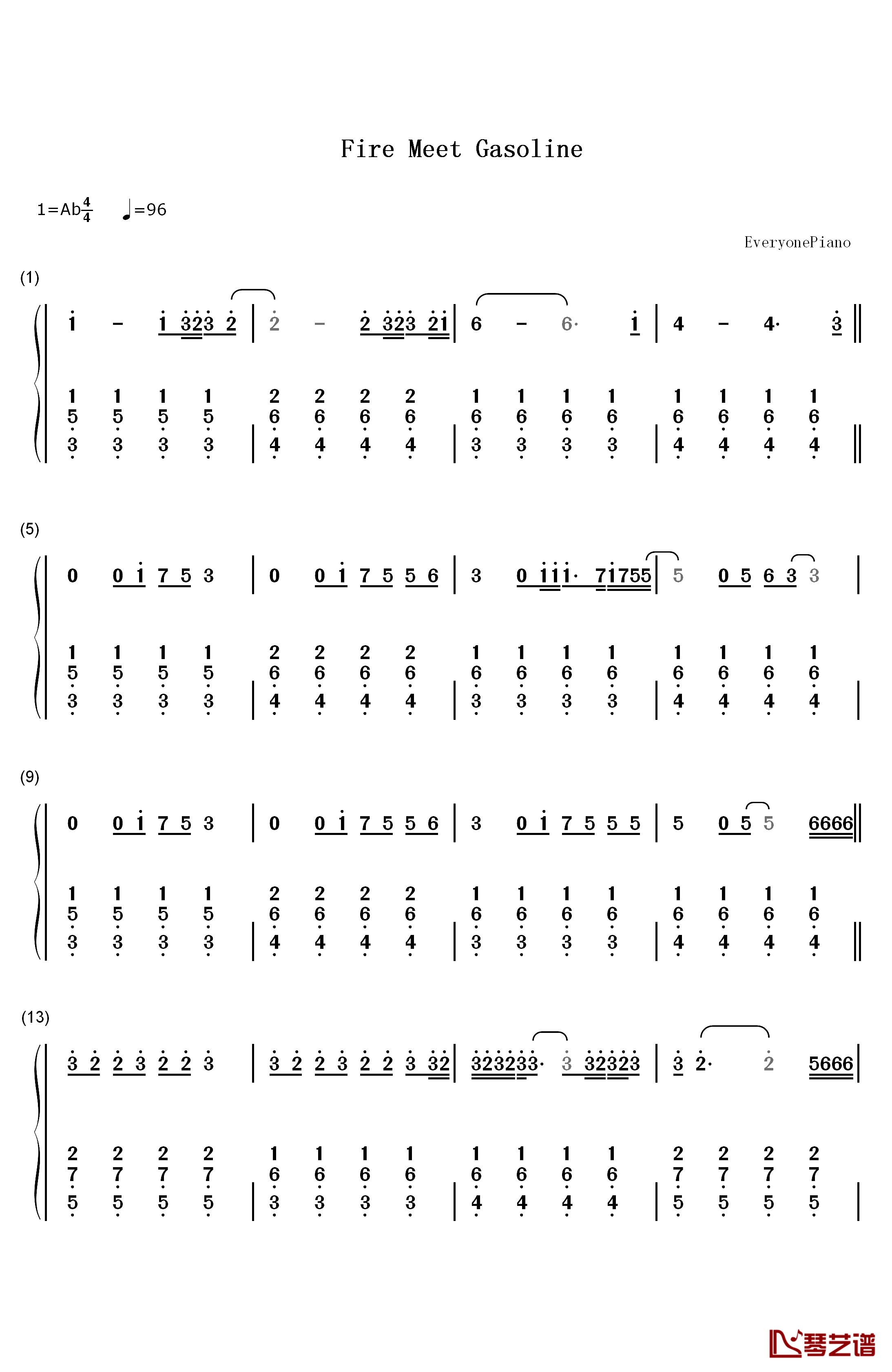 Fire Meet Gasoline钢琴简谱-数字双手-Sia1