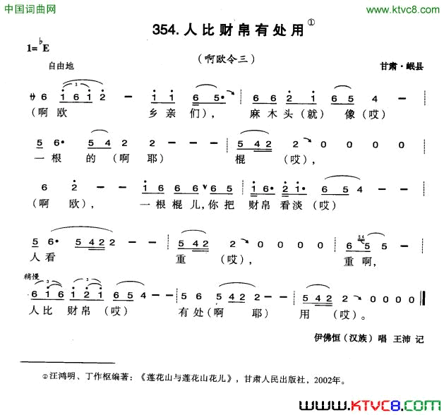 人比财帛有处用简谱-伊佛恒演唱-甘肃民歌词曲1
