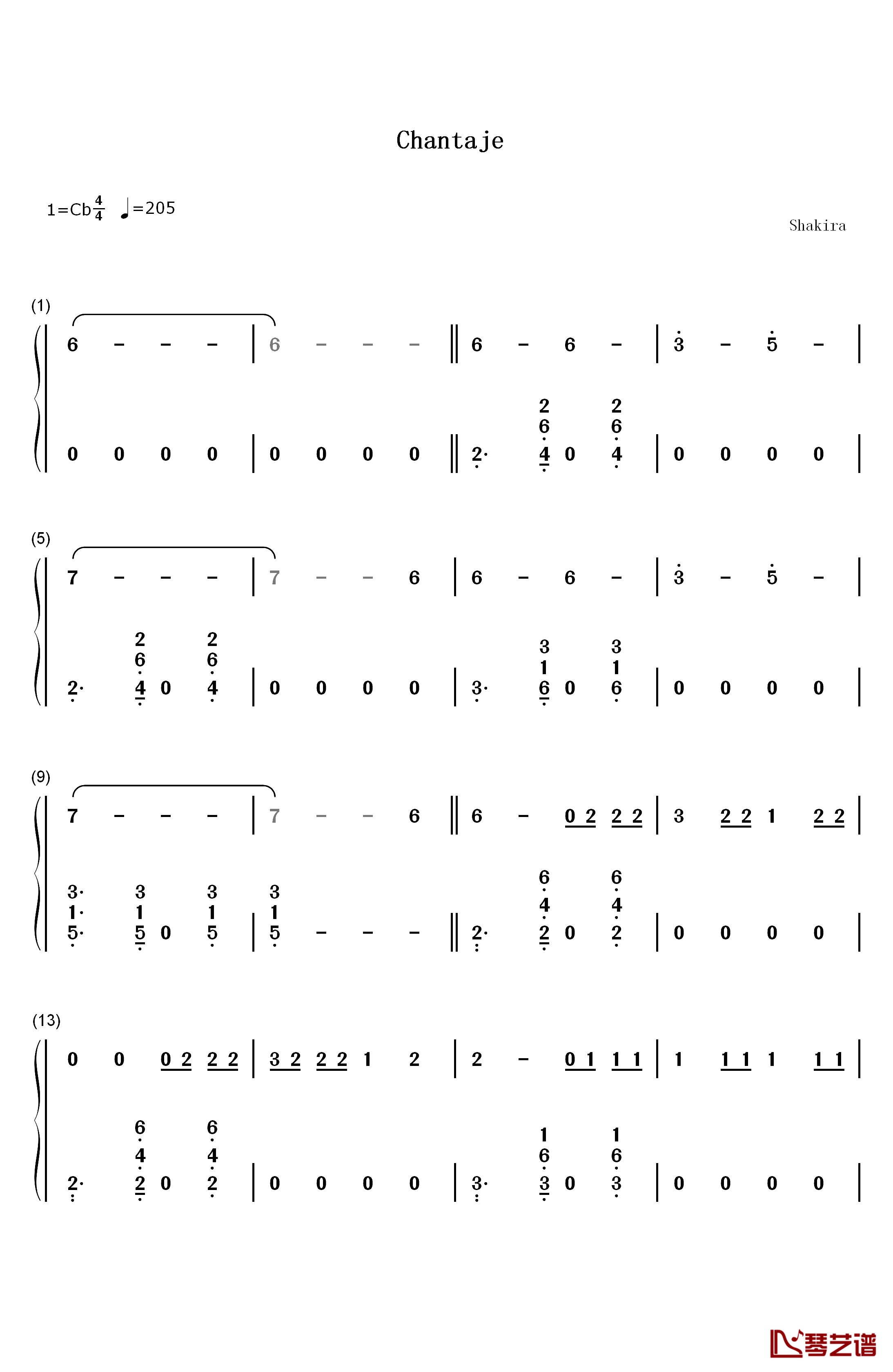 Chantaje钢琴简谱-数字双手-Shakira1