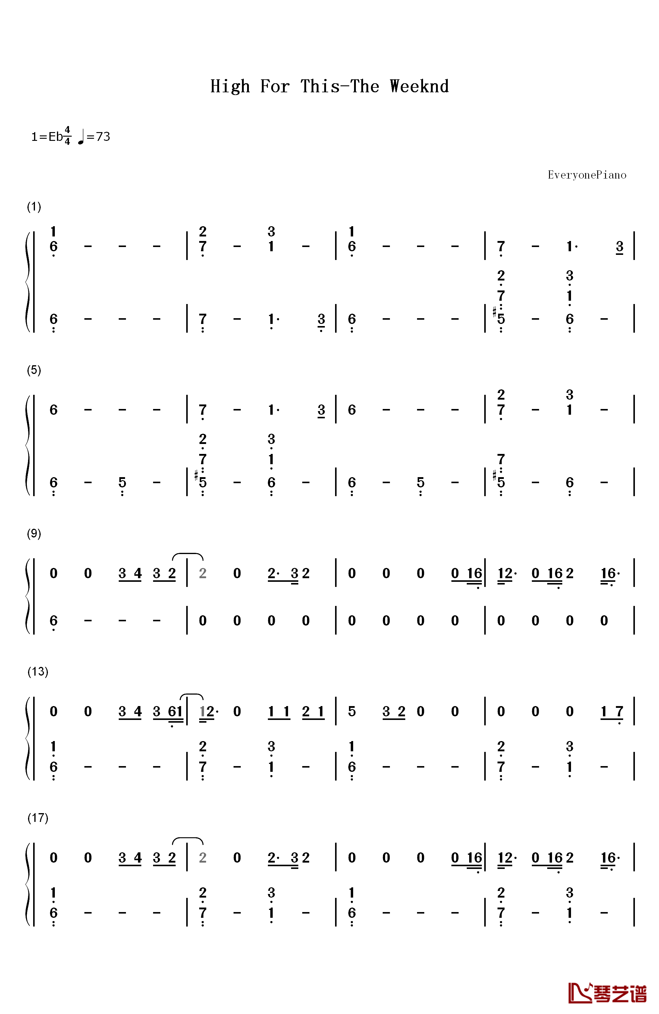 High For This钢琴简谱-数字双手-The Weeknd1