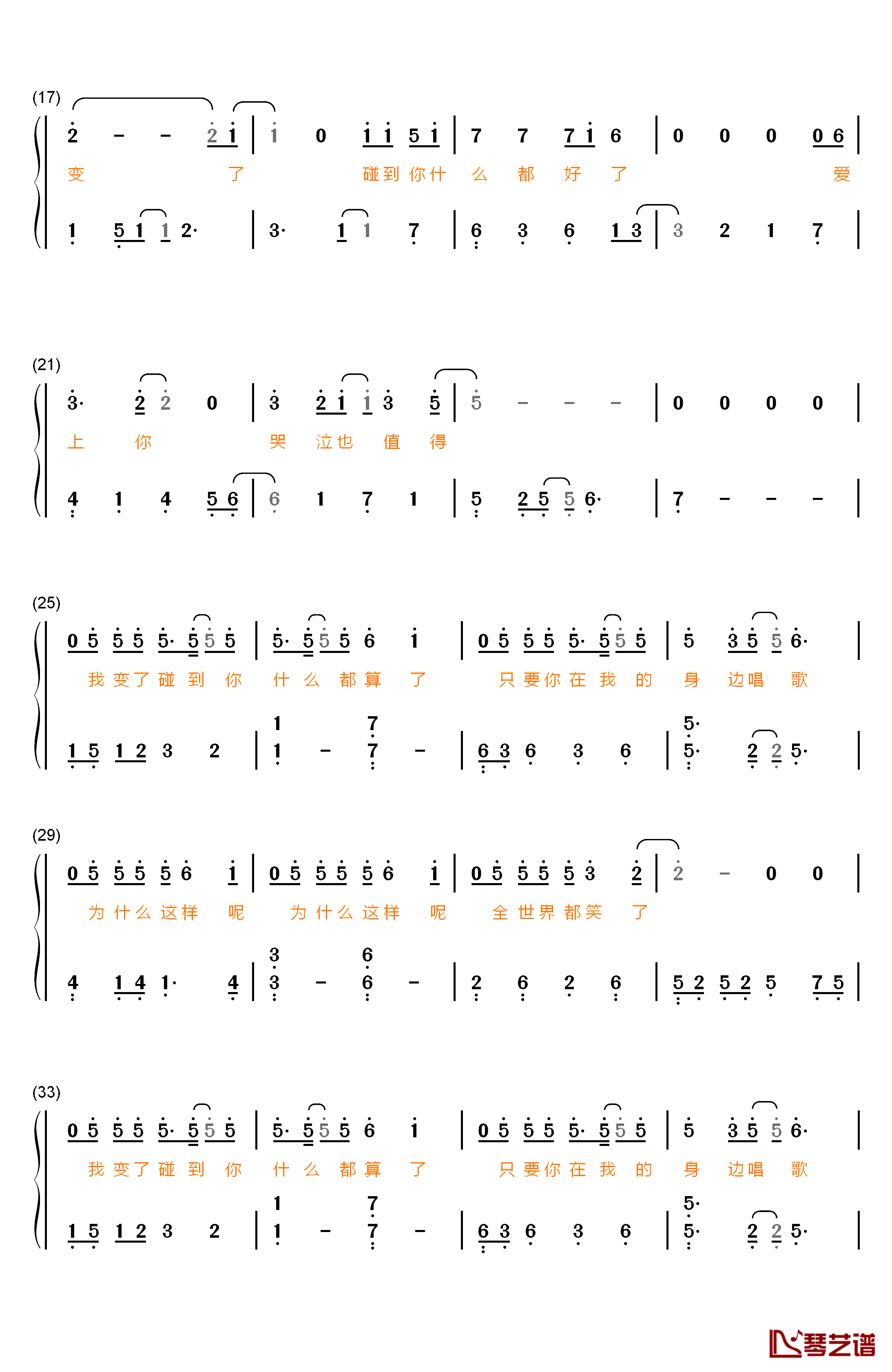 我变了钢琴简谱-数字双手-李宇春2